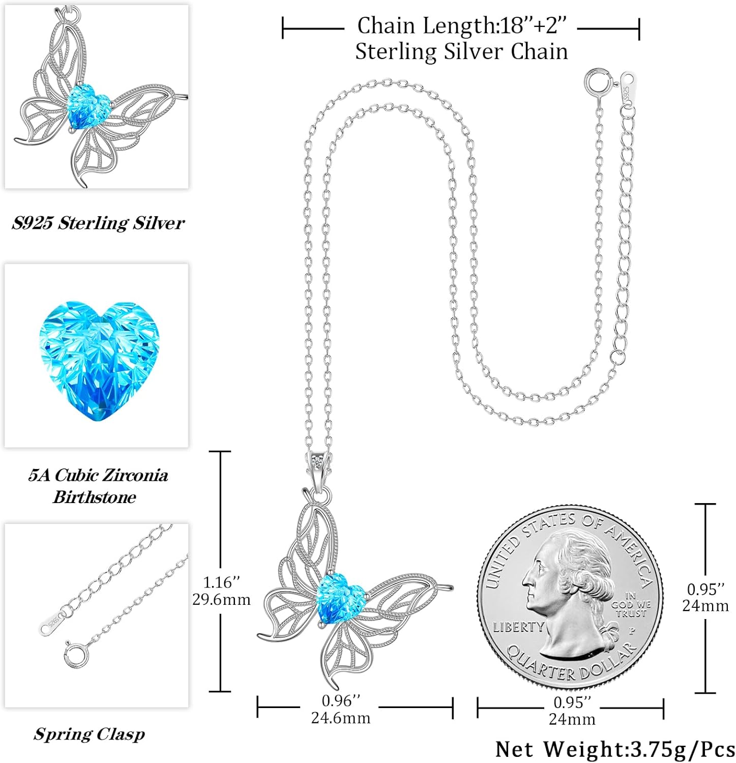 Filigree Butterfly Birthstone Pendant Necklace - 925 Sterling Silver Firework-Cut Heart Cubic Zirconia Twine Butterfly Necklace Anniversary Birthday Jewelry Gift for Women Wife Mom Daughter