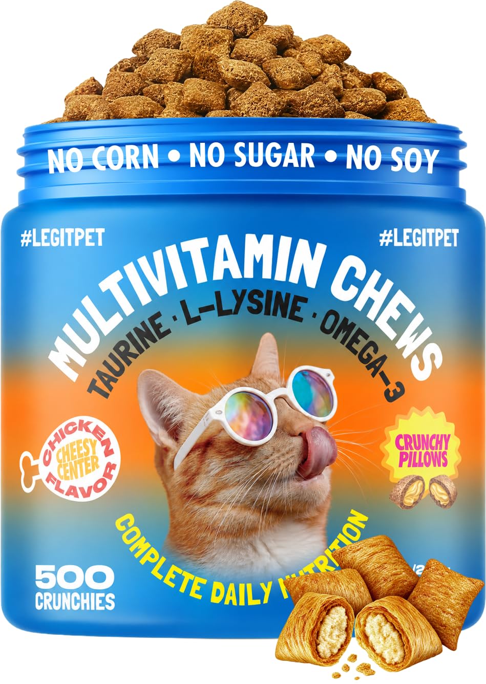 LEGITPET Cat Multivitamin Crunchy Treats – Daily Vitamins for Cats with Taurine, Omega 3 & L-Lysine – Immune, Skin & Coat, Heart & Brain Support – Chicken Flavor, 500 Crunchy Pillows