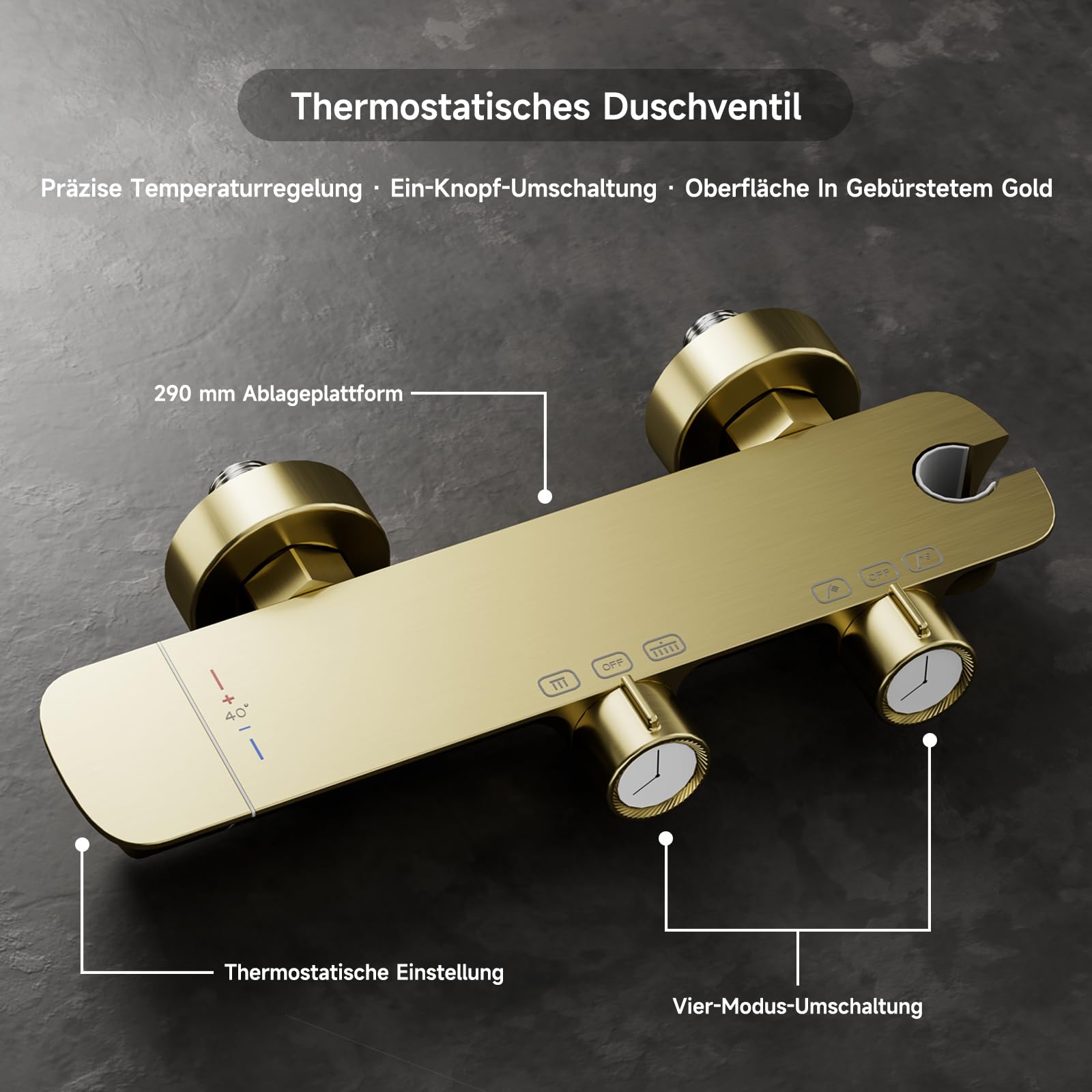 Duschsystem,Gebürstetes Gold Duschsystem mit thermostat | 4-in-1-Duschsäulen-Set mit 320 × 220 mm großer Regendusche, Duschset mit Duschkopf, Duschgarnitur mit Regendusche
