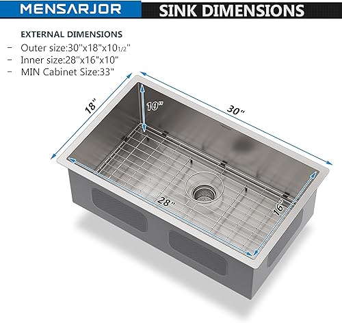 Miniatura 10 de MENSARJOR Fregadero de bar, fregadero de cocina empotrado de 17 x 19 pulgadas, fregadero de acero inoxidable de calibre 16, hecho a mano para