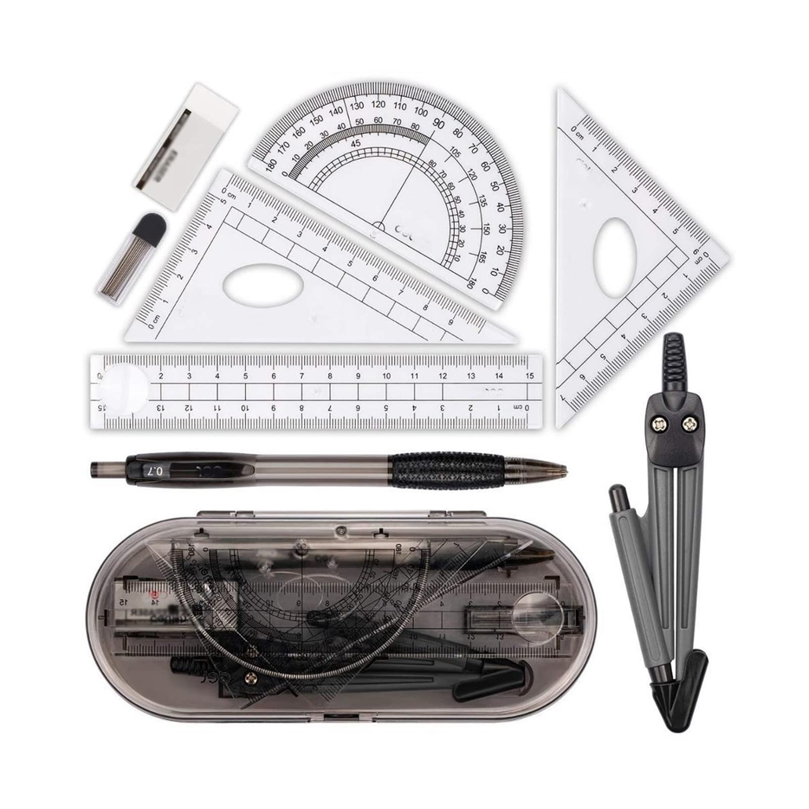 Set di compassi per Geometria Matematica, 8 Kit di Forniture per Studenti, cancelleria, Scatola portaoggetti, Compasso per Disegno Tecnico, goniometro, Righello, Set di compassi