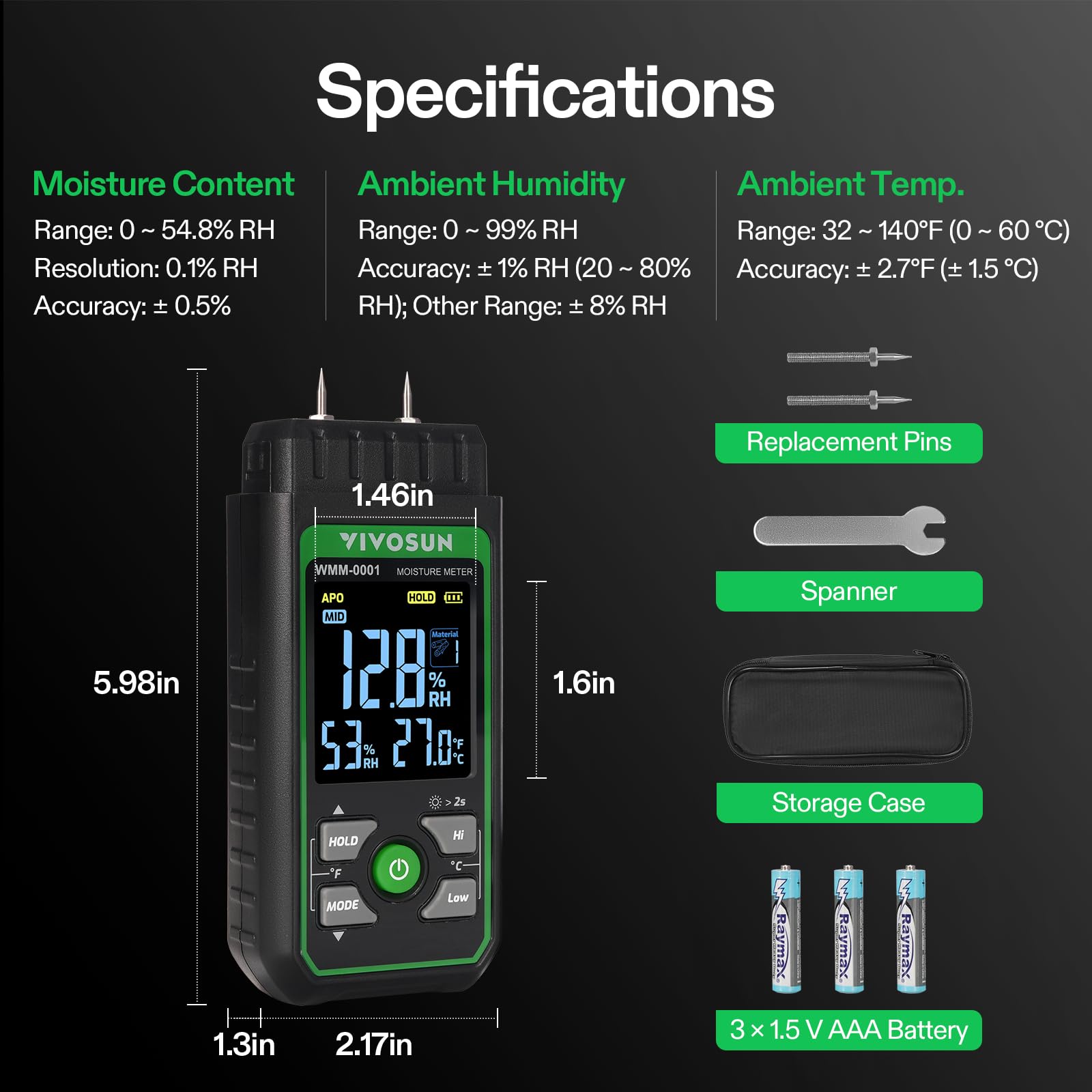 VIVOSUN Wood Moisture Meter - 3-in-1 Tester -7