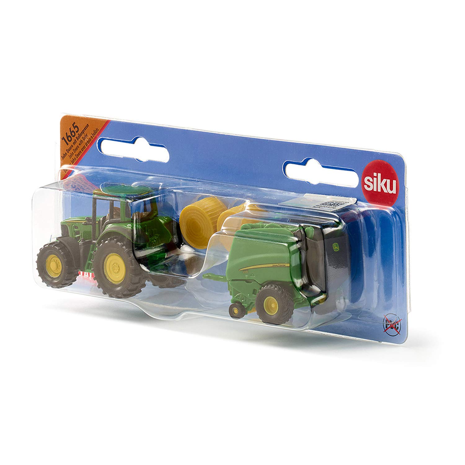 Siku 1665 Trattore John Deere con Pressa per Balle, 2 Balle Incluse, Metallo e Plastica, Verde, Parti Mobili