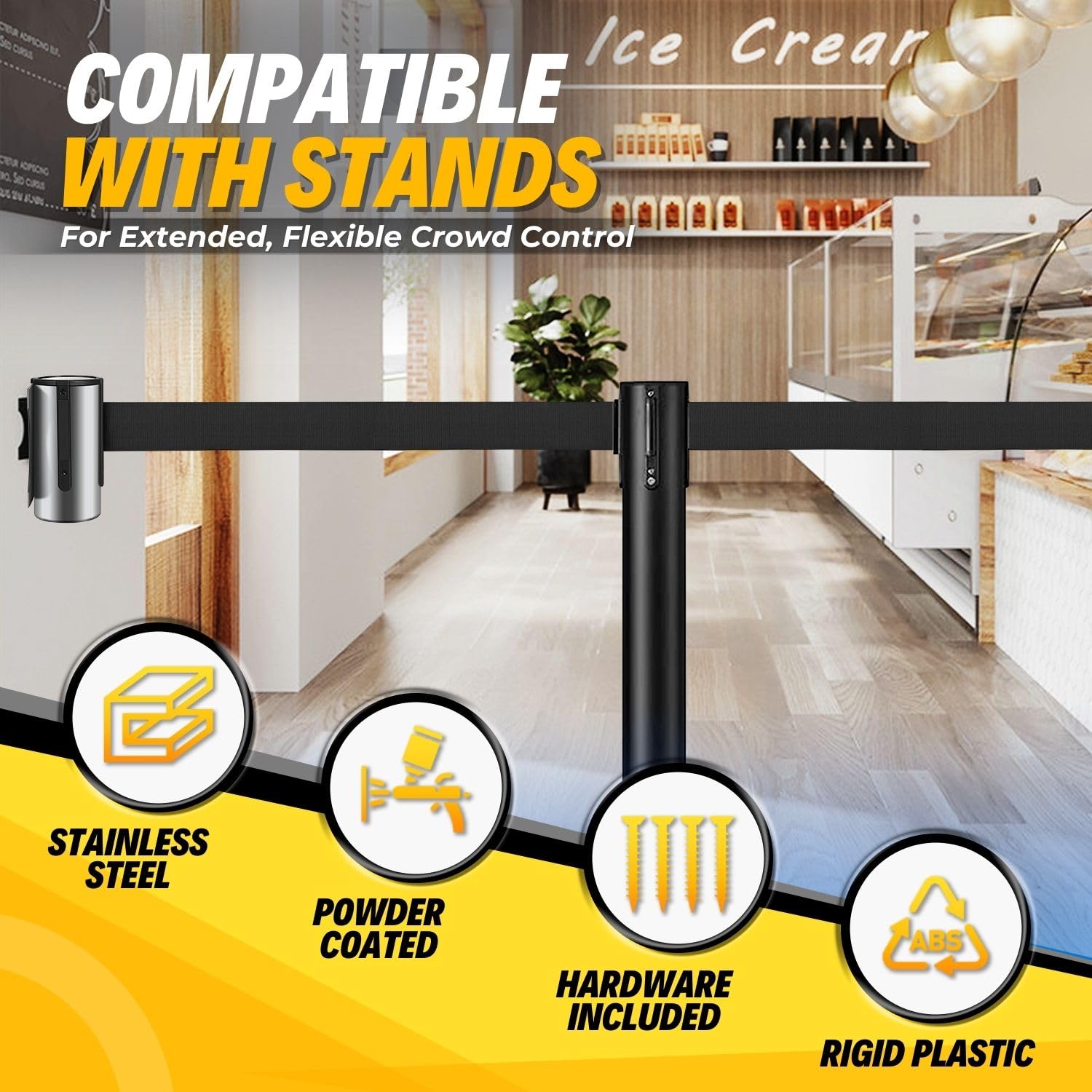 Flexzion Crowd Control Retractable Belt Barrier - 10Ft 3m Wall Mounted Safety Barrier Belt, Queue Line Dividers with Nylon Rope Belt & Sturdy Stainless Steel Case for Indoor/Outdoor Use