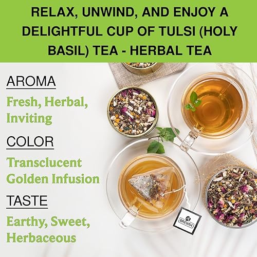 Vista 114 de BREWIX Bolsas de té de albahaca sagrada (15 bolsas de té piramidales) Camiseta con hojas de tulsi y manzanilla Sin cafeína, té de hierbas