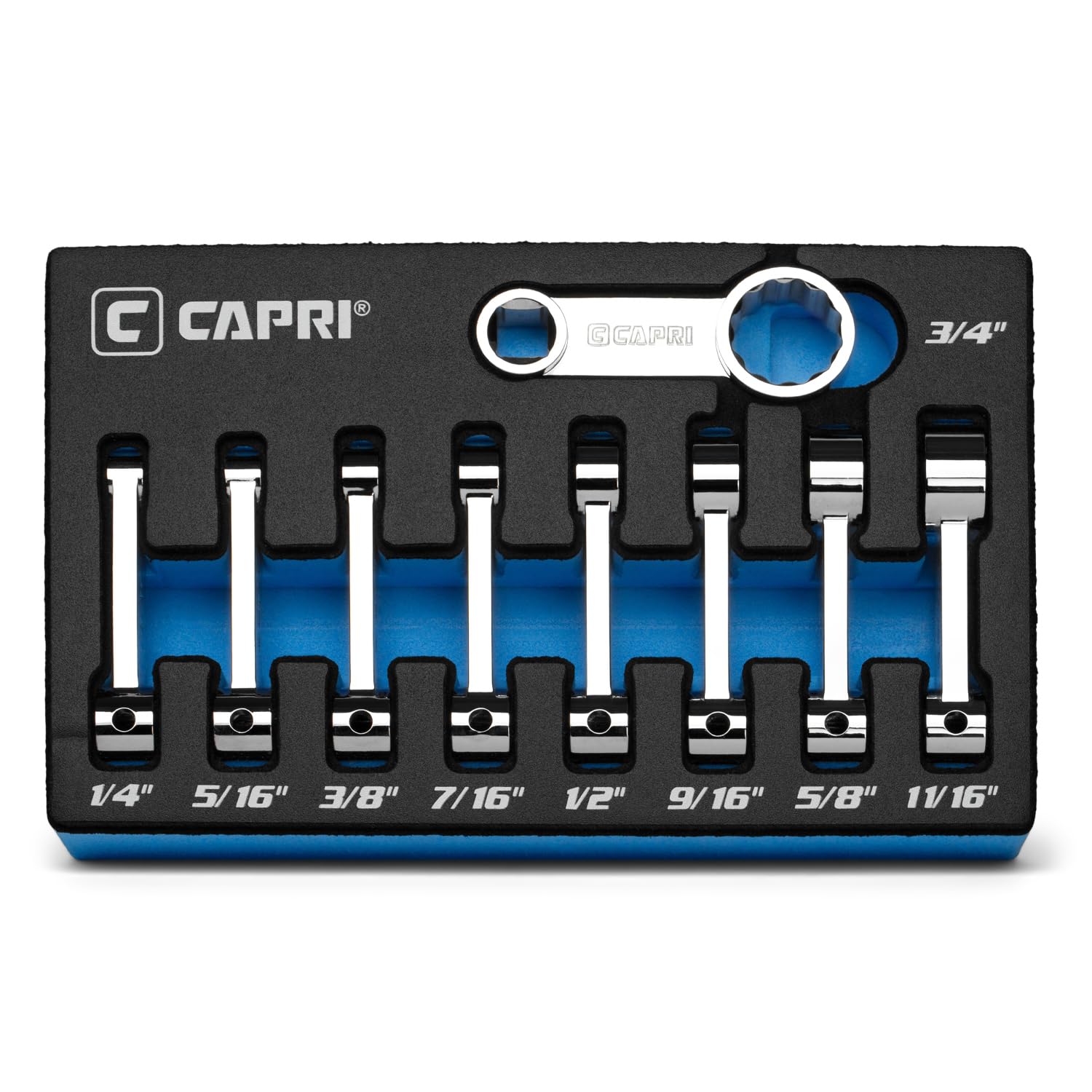 Capri Tools Zestaw adapterów momentu obrotowego 1 cm, 12-punktowa końcówka skrzynki, 1/4 do 1,9 cm, SAE, 9-częściowy z tacą mechaniczną
