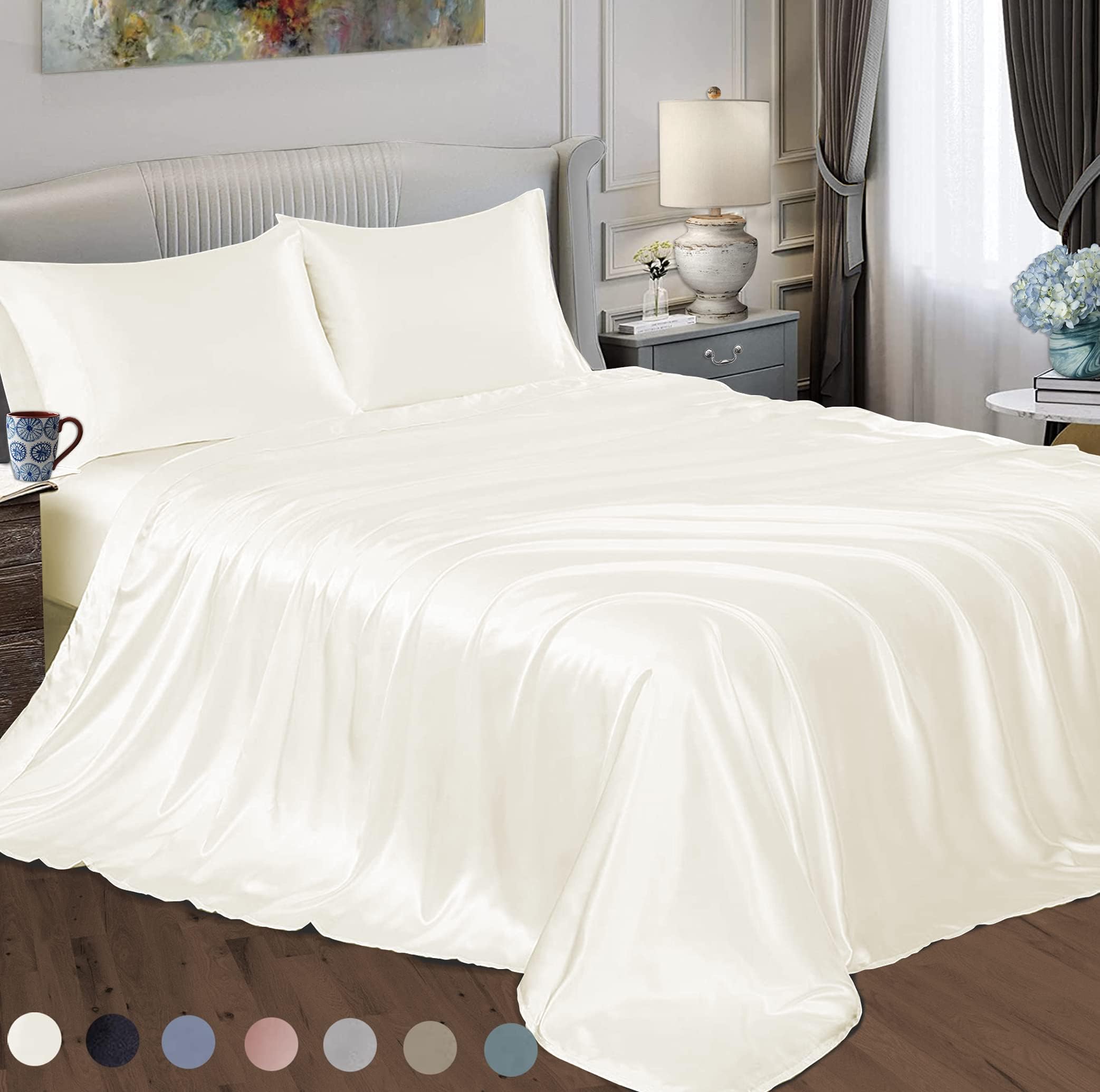 Satin Radiance Soft Satin Silk Sheets Solid Color Deep Pocket King Size Satin Bed Sheet Set Cooling And Soft Fitted Satin Bedding + Satin Pillowcase(s) Durable, Breathable, White, Ivory, 4-piece