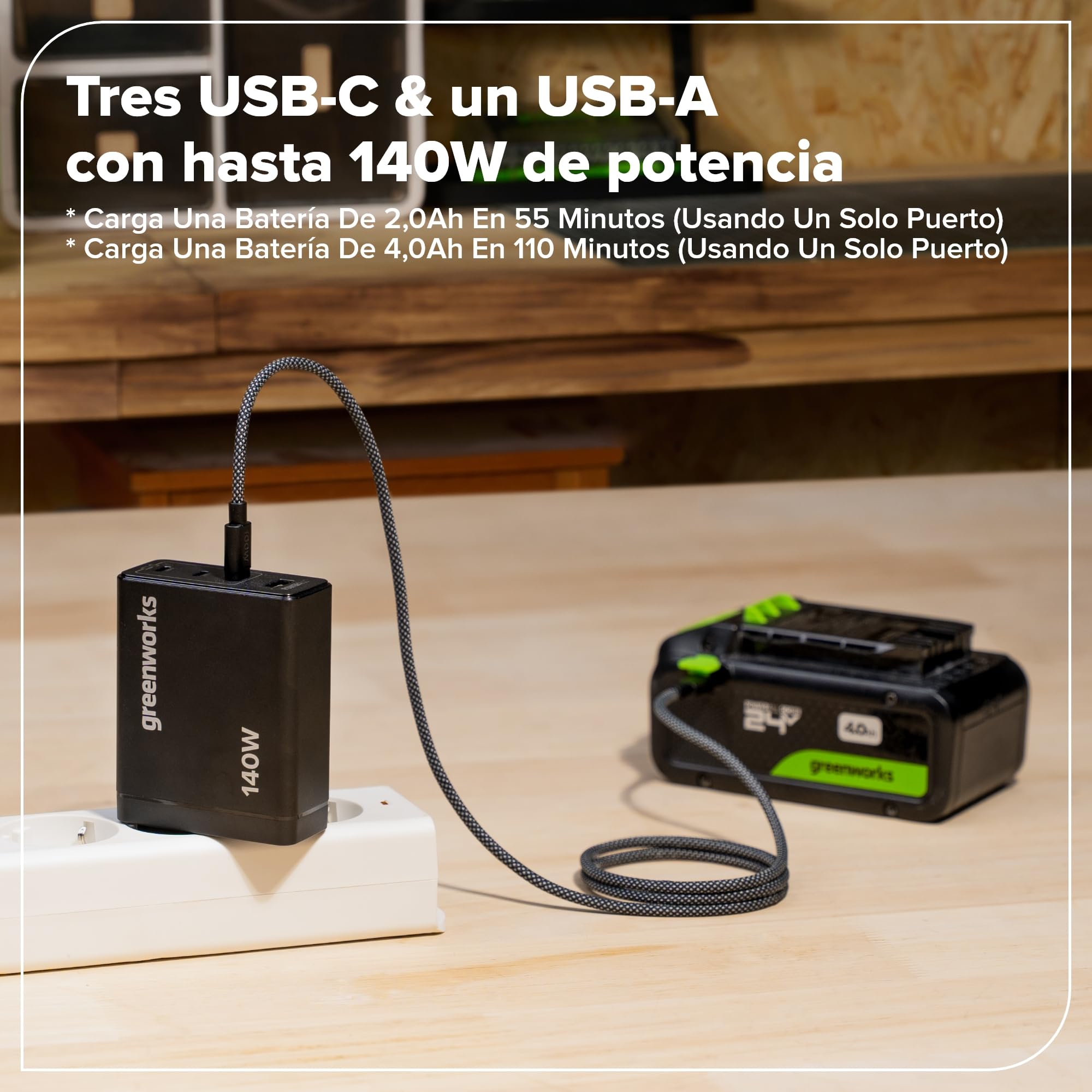 Greenworks Cargador USB C rápido 140 W Pod de 4 Puertos PPS, Fuente de alimentación compacta USB C para MacBook Pro/Air, iPad Pro, Galaxy S20, Note 20, iPhone 17 Pro MAX, Garantía de 3 años -AP140EA