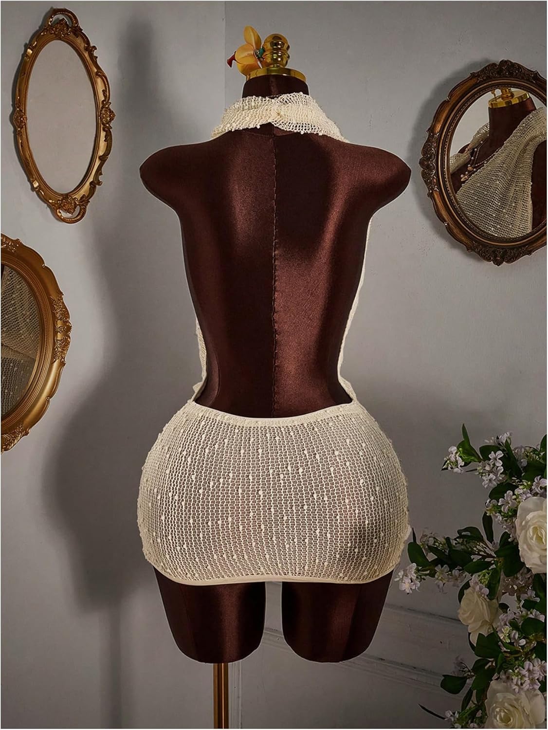 SOLY HUX Women's Halter Mesh Mini Dress Sexy Deep V Neck Draped Sleeveless Backless Bodycon Vacation Club Party Dresses