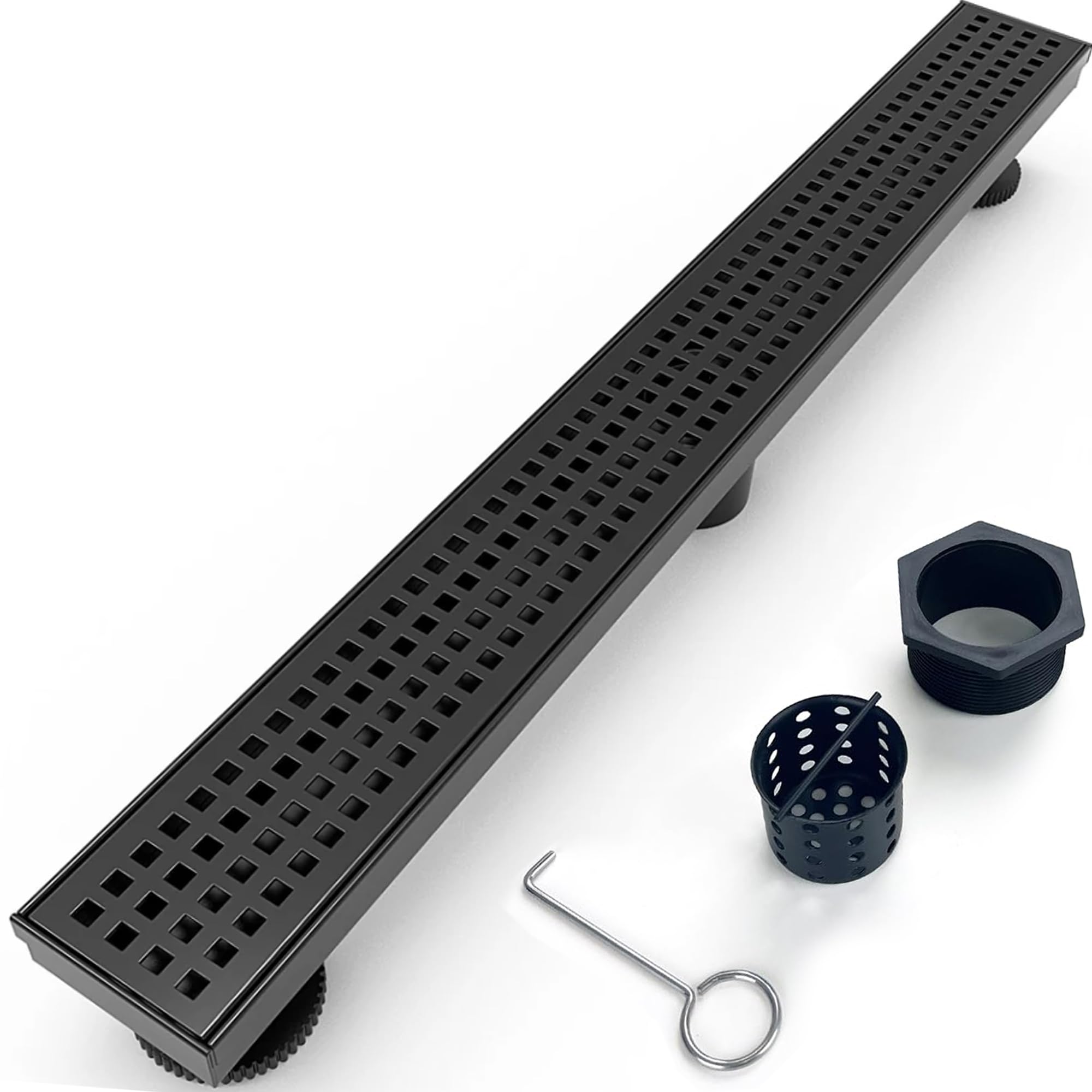 24 inch removable cover linear shower drain 304 stainless steel rectangular floor drain for kitchen bathroom square hole drain with accessories hair strainer adjustable leveling feet (matte black)