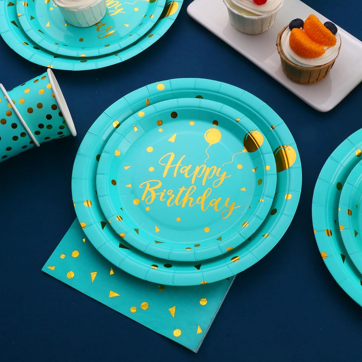 175PCS Teal and Gold Birthday Decorations, Teal Birthday Supplies Includes Disposable Paper Plates and Napkins, Cups, and Gold Plastic Sliverware for Party, Baby Shower, Serves 25