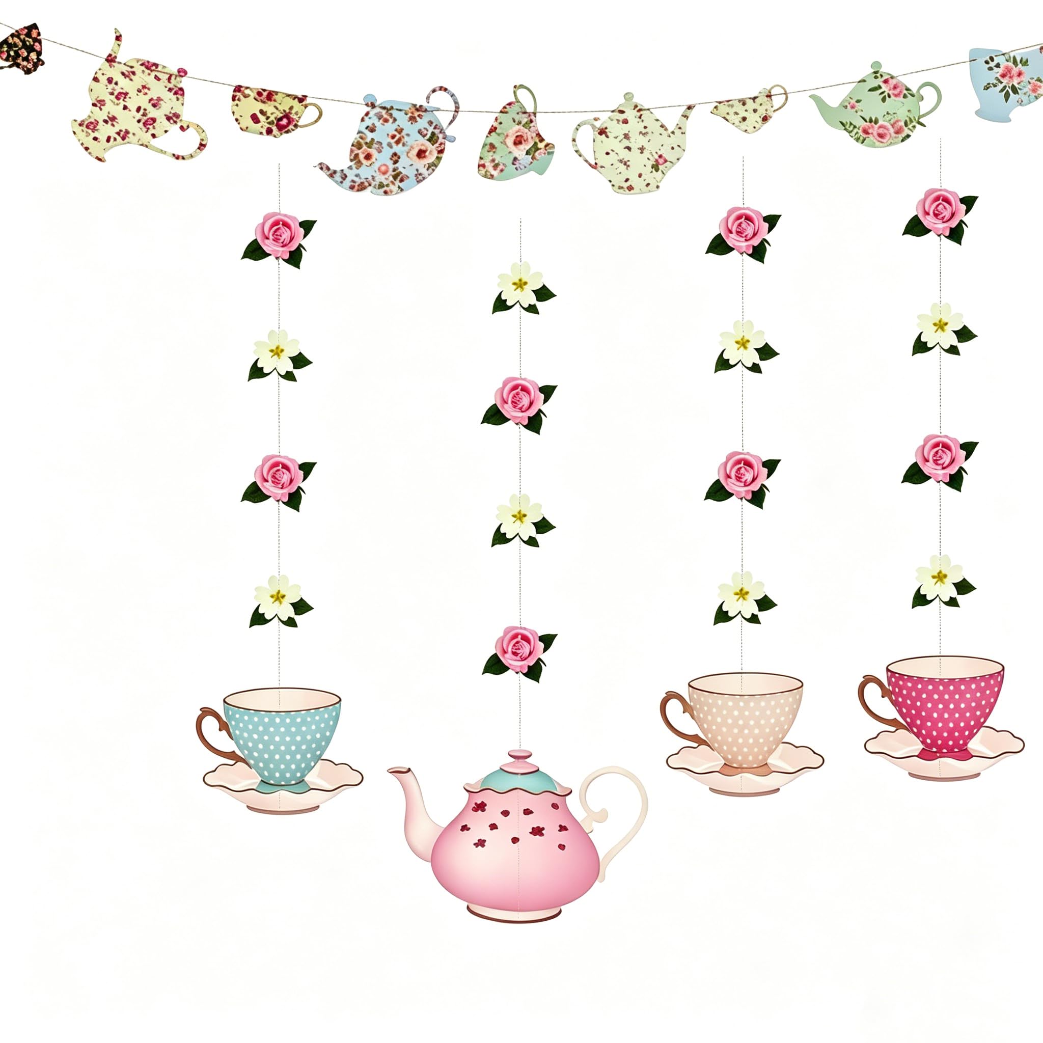 Afternoon Tea Decorations Pink Bunting – Macaron Pastel Floral Teapot Banner Garland for Tea Party & Birthday