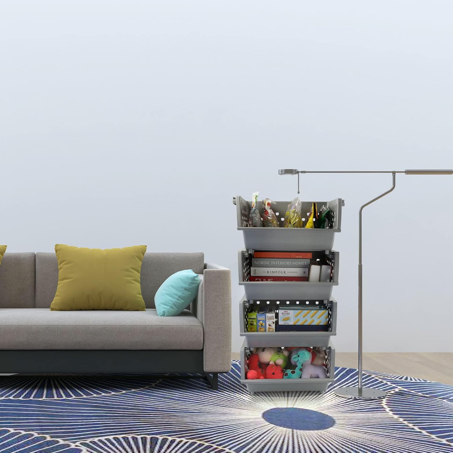 4 Pack Stackable Detachable Storage Baskets, Stacking Bins for Organizing, Grey