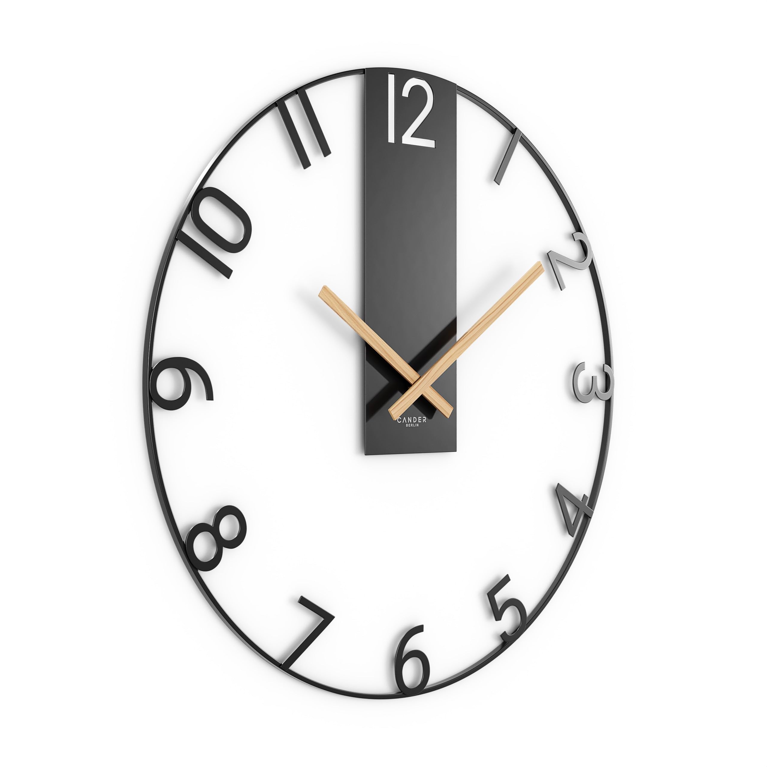Cander Berlin SOLVIG Horloge murale silencieuse XXL 60 cm en métal avec aiguilles en bois sans bruit de tic-tac Grande moderne Noir Salon Cuisine Vintage
