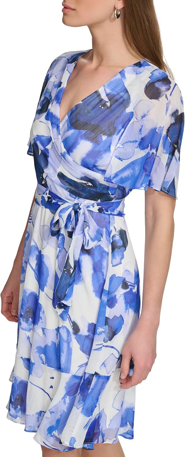 DKNY Women's Short Flutter Sleeve Surplice Belted Mini Dress - Image 3