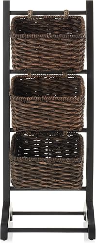 Miniatura 3 de Casafield Soporte de suelo de 3 niveles con cestas de almacenamiento de jacinto de agua, negroespresso, organizador de pie para baño, cocina,