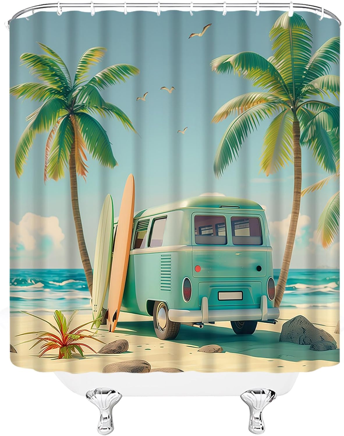Tour Bus Shower Curtain Palm Tree Tropical Ocean Beach Surfboard RV Camping Sea Hawaii Coastal Bathroom Curtain Set with Hooks(91" Wx70 H)