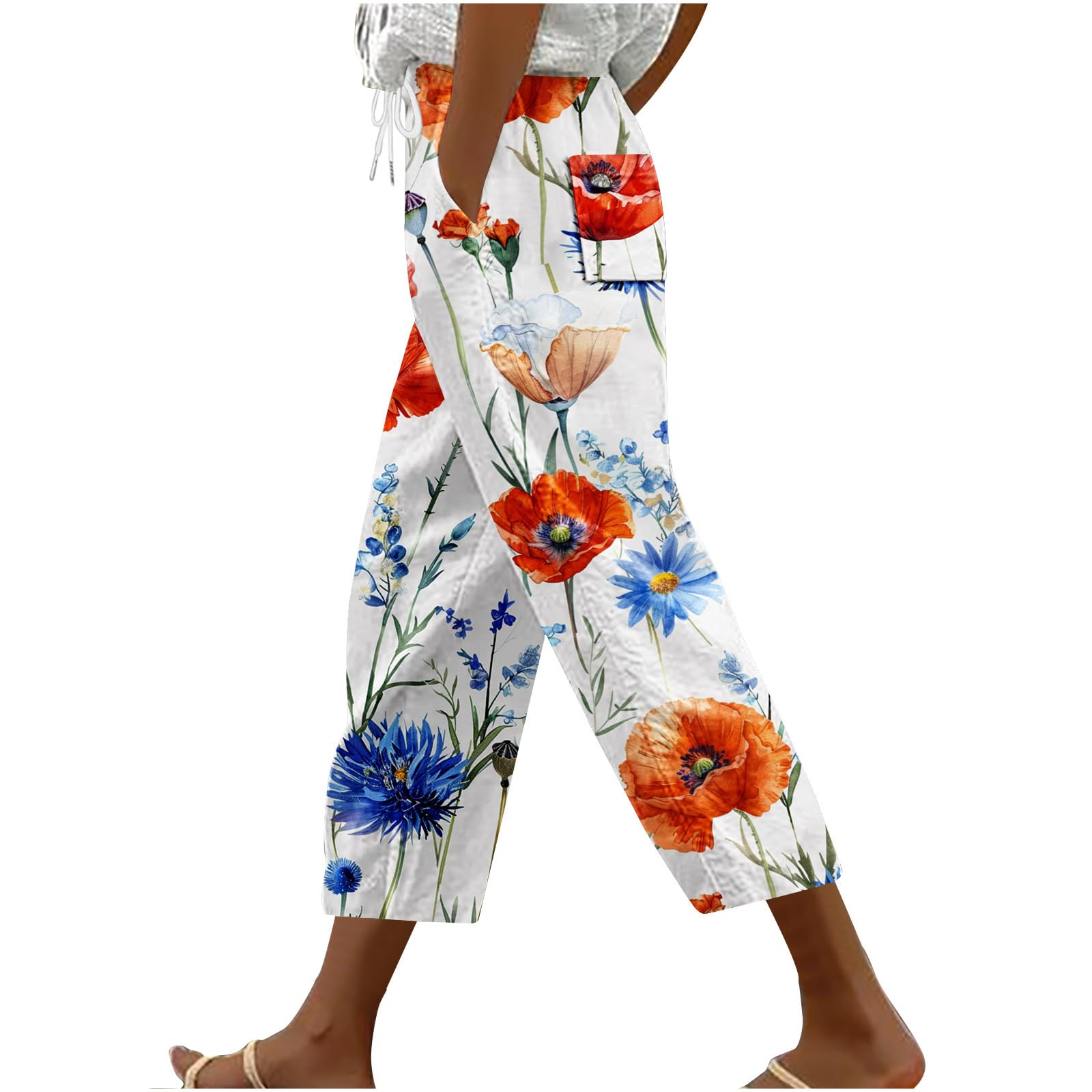 Hawaii Capri Pants for Women Casual Tropical Floral Print Pants Elastic High Waist Drawstring Summer Beach Trousers