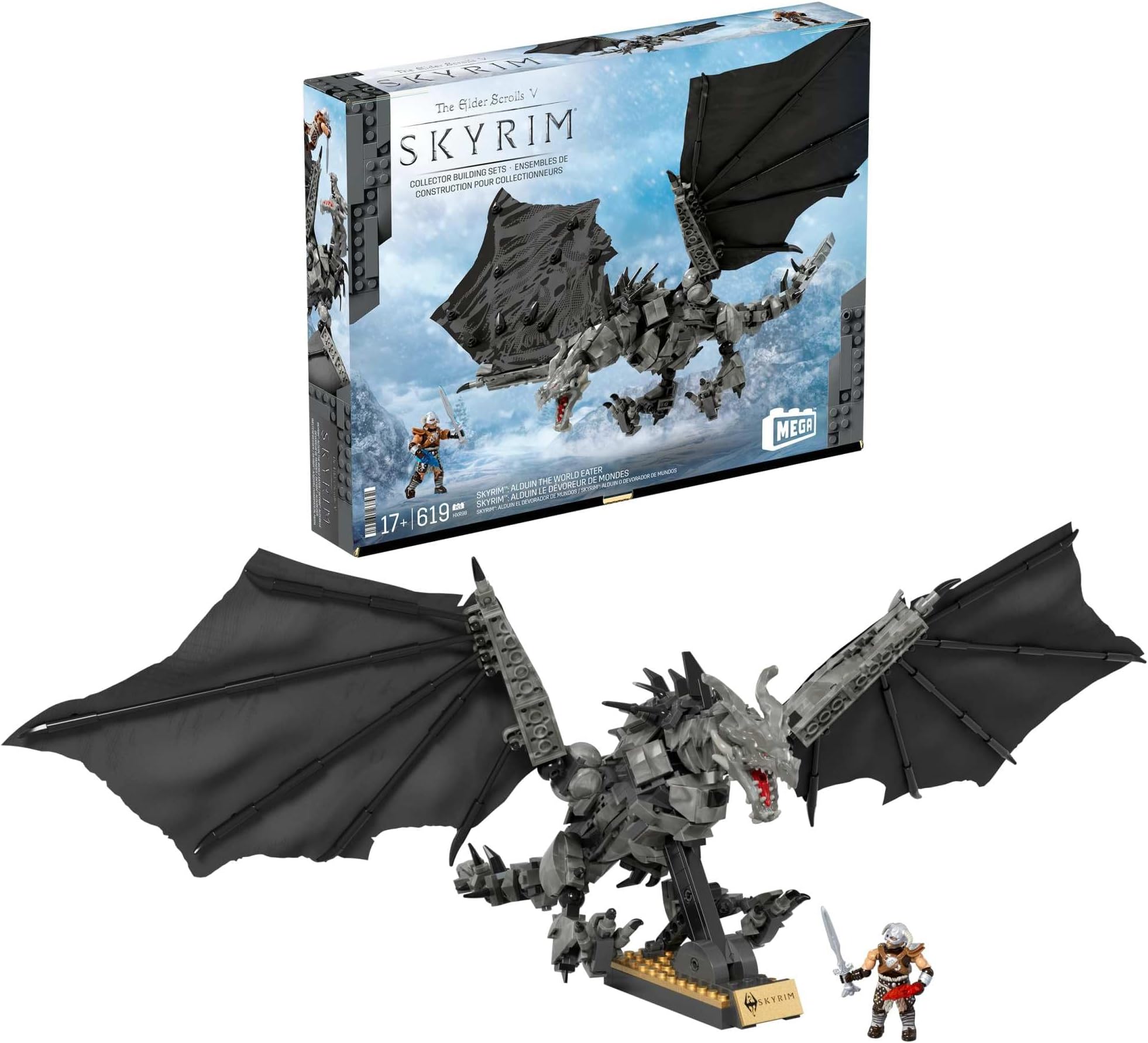 MEGA Skyrim Action Figures Building Toys, Alduin the World Eater with 619 Pieces, with 1 Dragonborn Figure, for Collectors, HXR98