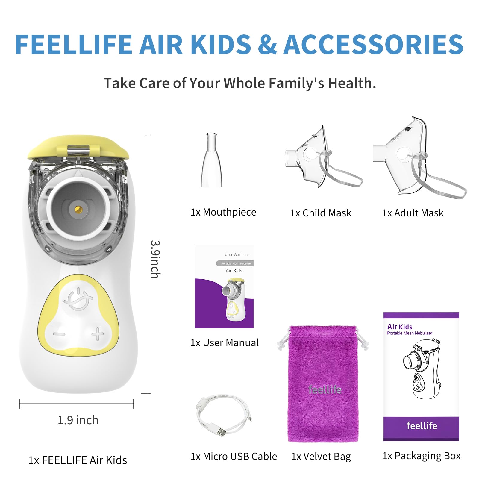 FEELLIFE Nebulizador Portatil para Bebe y Adultos, Nebulizador Silencioso Tasa de Atomización Ajustable, Inhalador Recargable para El Tratamiento de Tos, Asma, Enfermedades Respiratorias-Amarillo