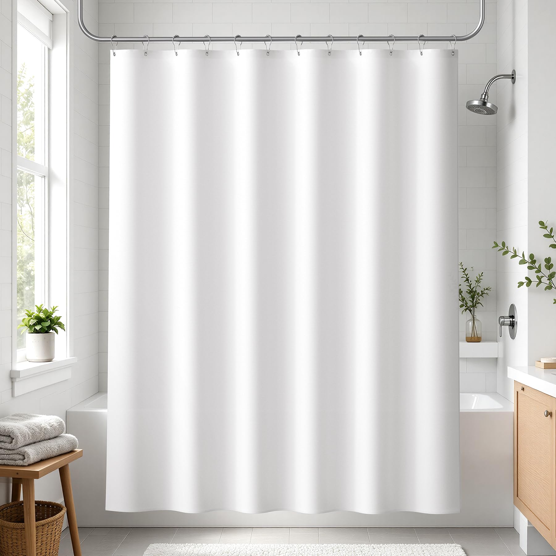 Bathway White Shower Curtain Liner Fabric Shower Liner 72x72 Inches Waterproof Shower Curtain Liner Washablewith 3 Magnets and 12 Rustproof Metal Grommets, Cloth Shower Liner for Bathroom