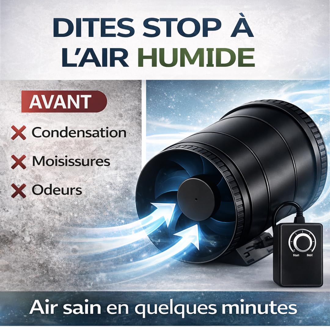 Extracteur d'Air 100 mm avec Variateur – Ventilateur de Gaine Silencieux 6 W, Débit 221 m³/h, pour VMC, Salle de Bain, Cave, Garage, Culture Hydroponique