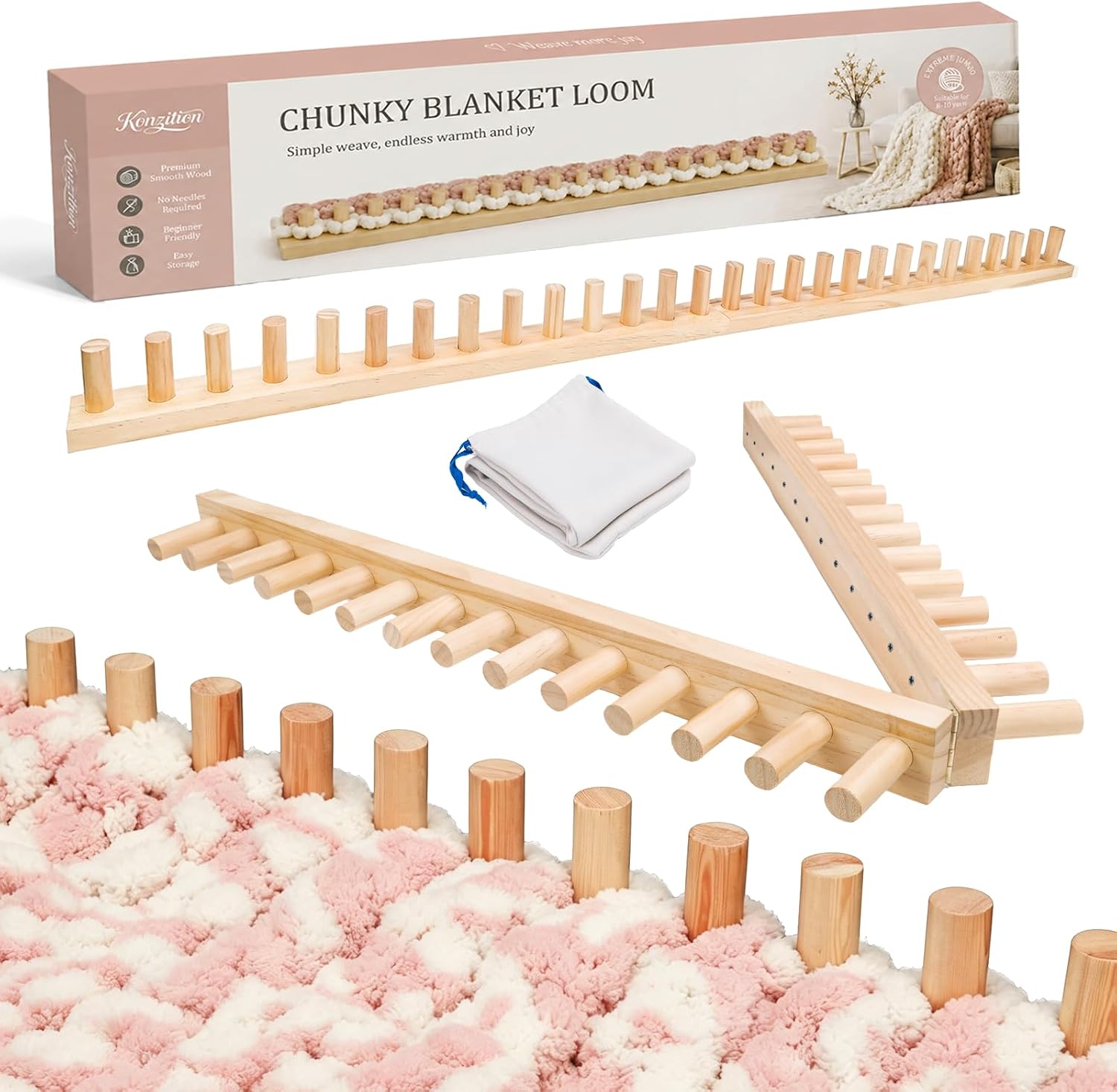48" Solid Wood Chunky Blanket Loom for Chunky Yarn to Knit Without Needles | Foldable Chunky Yarn Loom for Blankets & Scarves - Available in 32"/48"/60"/72" - with Storage Bag, Stress Relief DIY Gift