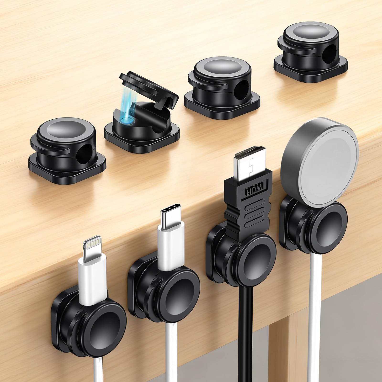 Black Cable Clips (8 Pack), 2026 Upgraded Self-Adhesive Wire Organiser - Sticky Cable Tidy Holders for Desk, Wall & Car, Durable Management for USB/Charging Cables (7mm)