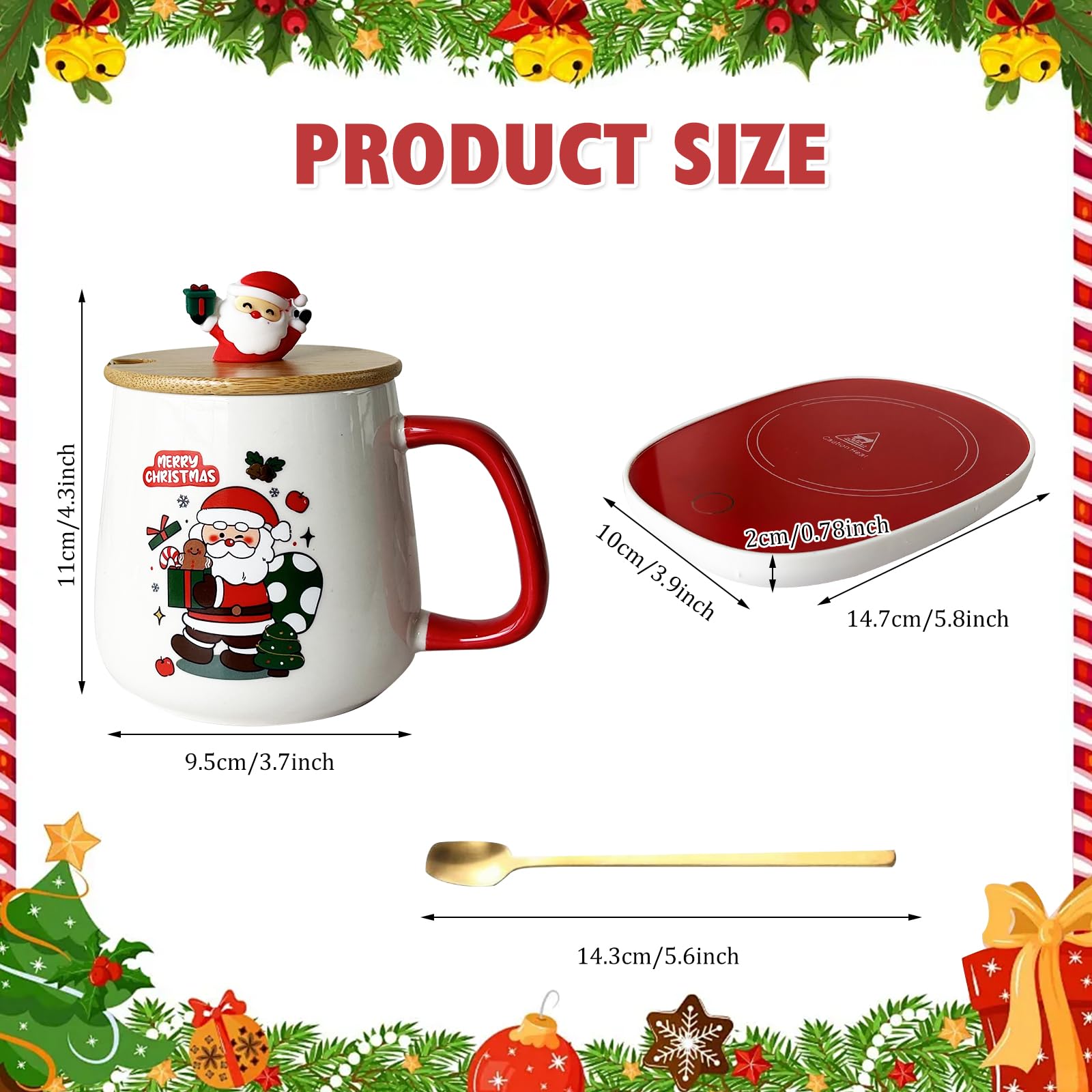 YumSur Set scalda-tazza rossa, set scalda-tazza di Natale: tazza da caffè in ceramica con piastra e coperchio e scatola regalo e cucchiaio in metallo dorato, spegnimento automatico
