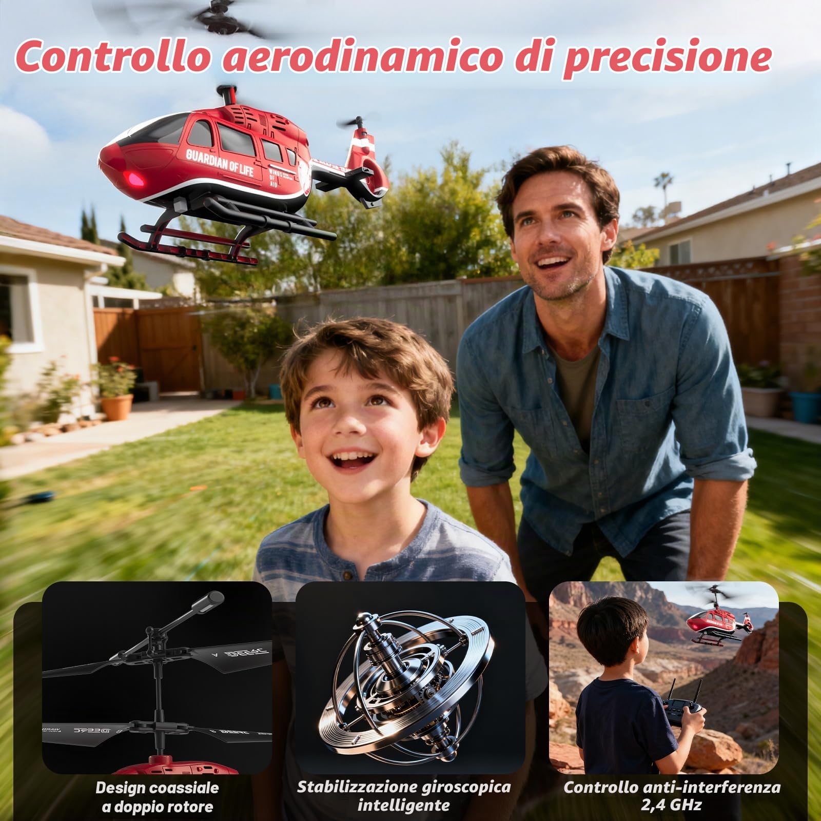 DEERC elicottero telecomando, RC militare di salvataggio con luci LED, 2 batterie ricaricabili, mantenimento dell'altitudine, controllo stabile 2.4GHz, giocattolo telecomandato ideale per bambini e