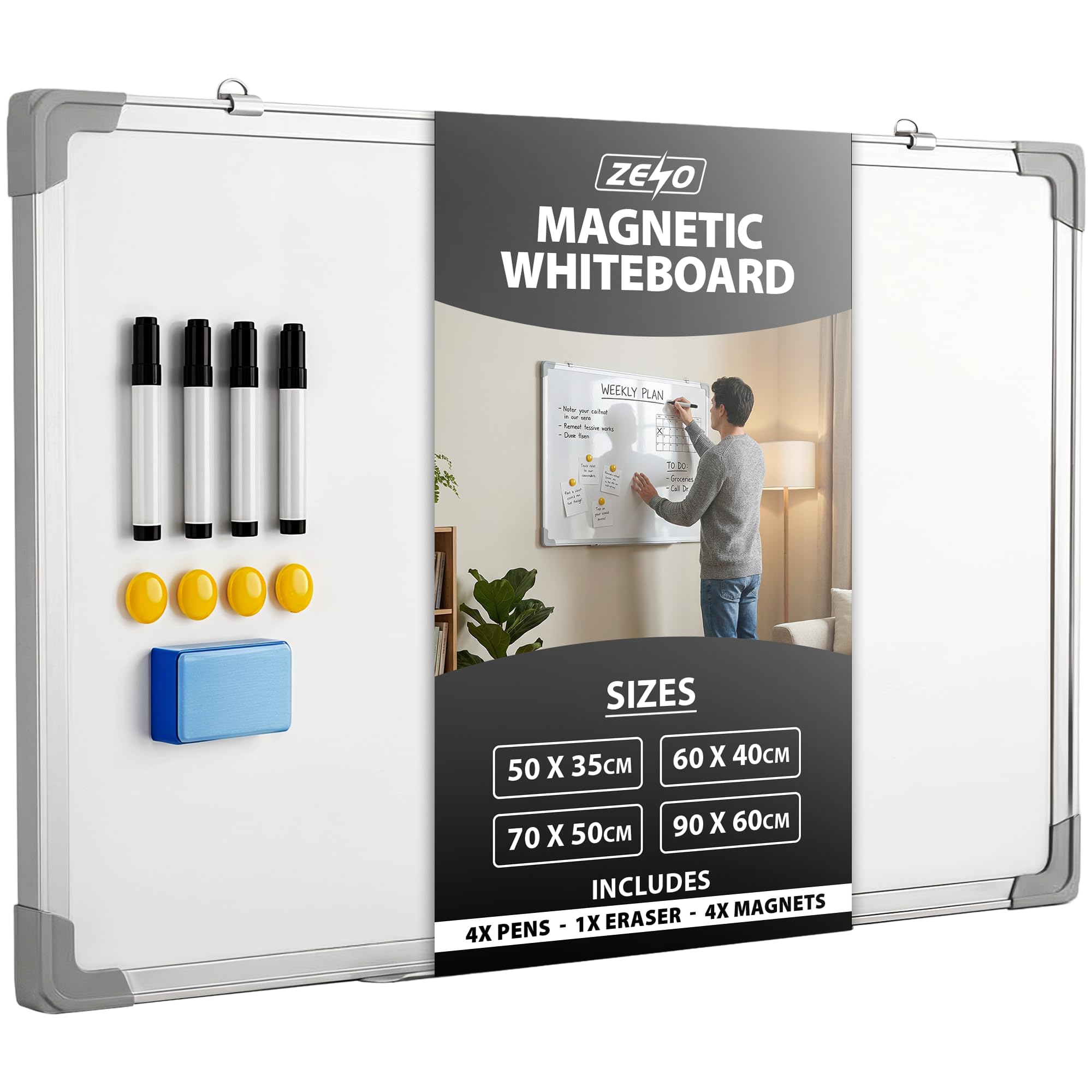 ZENO Whiteboard | Large Magnetic Whiteboard with Pen Tray | Office Board | Aluminium Trim | Includes 4 Pens, Eraser & 4 Magnets | Easy to Install | 70 x 50 cm