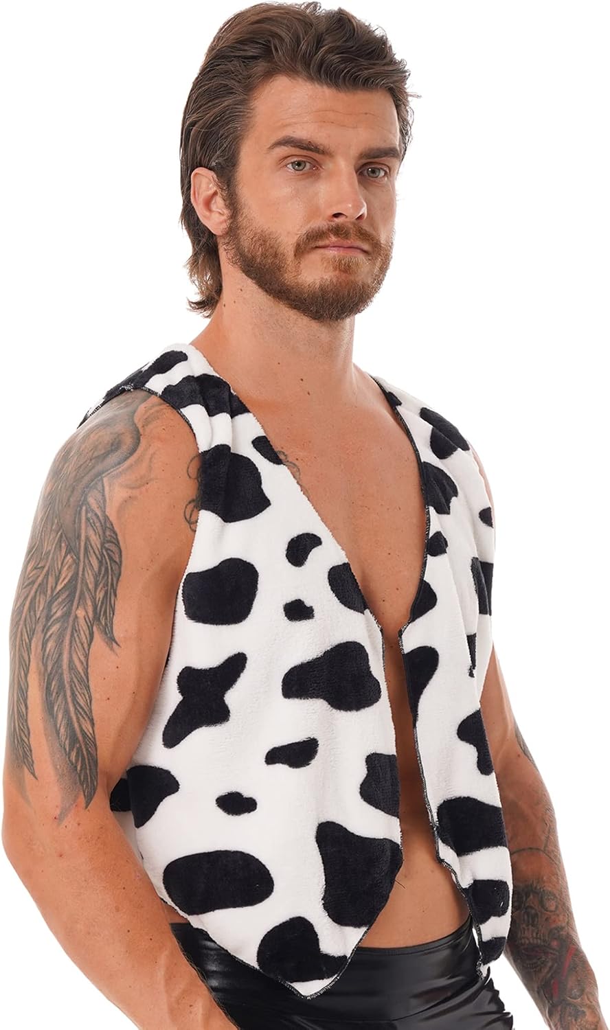 Men's Cow Printed Flannel Waistcoat Tops Open Front Sleeveless V Neck Vest Cardigan Costumes