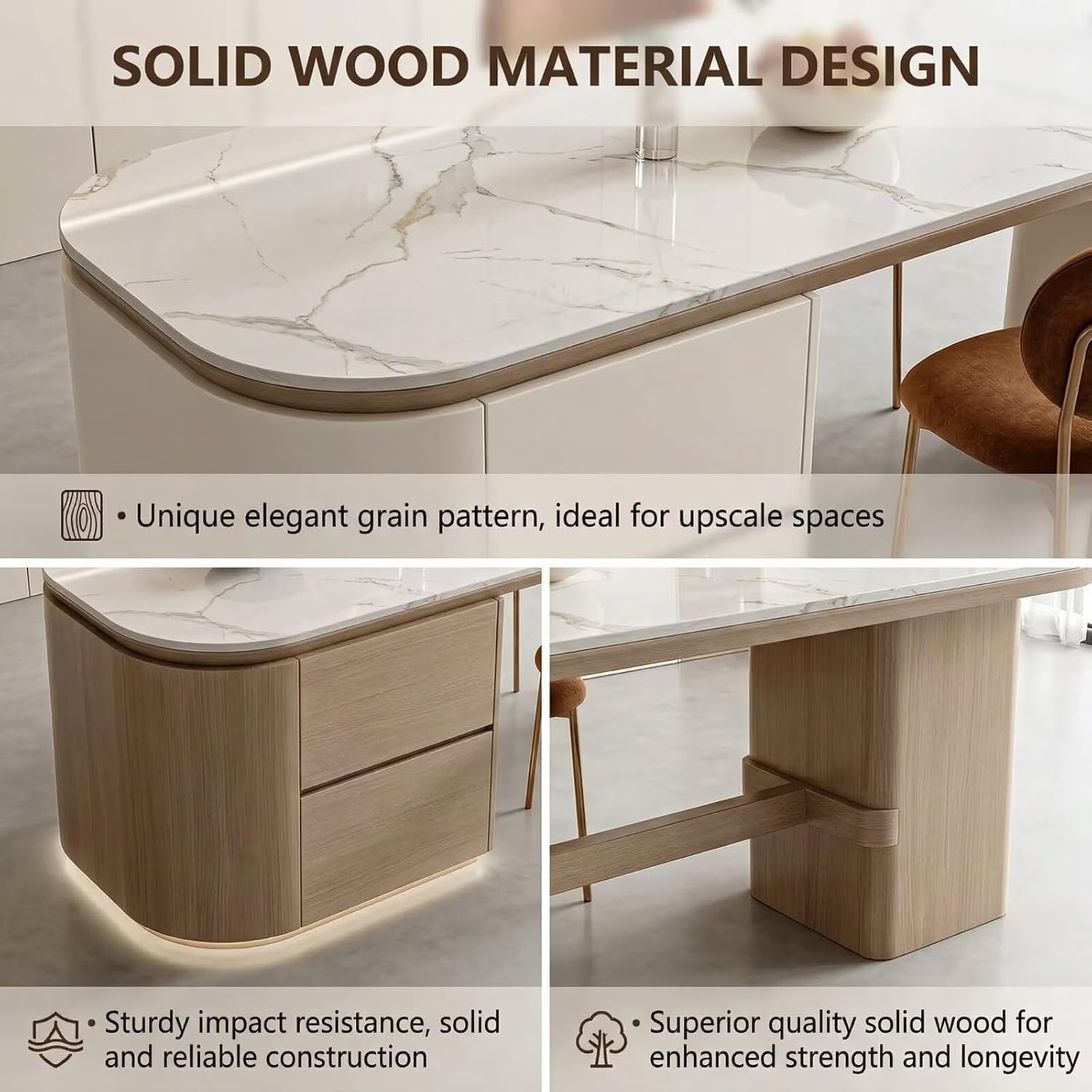 Kitchen Island with Storage - Modern Slate Top Kitchen Island Sleek Curved Design with Drawers,Side Storage & Underlight Features for 2 People (55IN No Chairs)