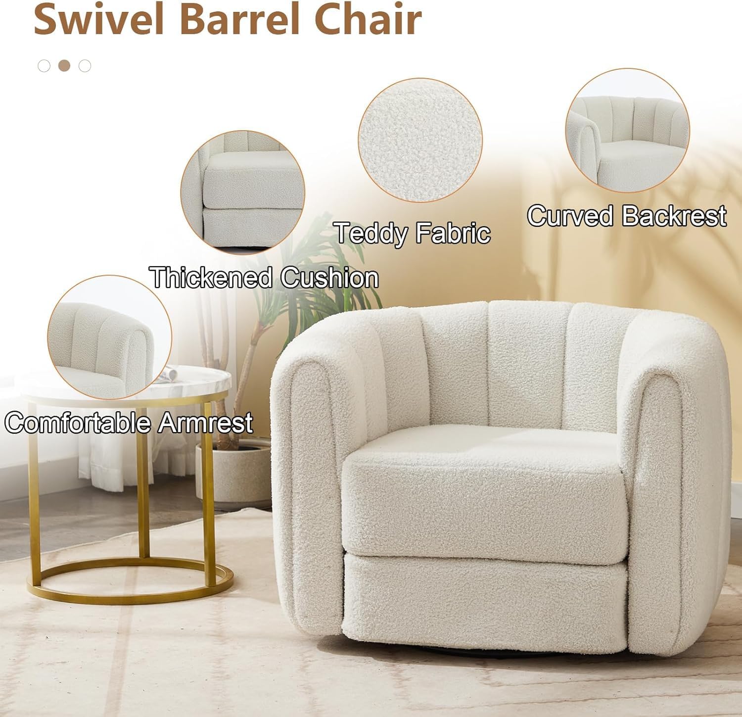 LUCKHAO Swivel Accent Chairs for Living Room, Teddy Fabric 360 Degree Round Swivel Barrel Armchair, Pumpkin Shaped Single Club Sofa Recliner Chairs for Home Bedroom Apartment Office (Beige)