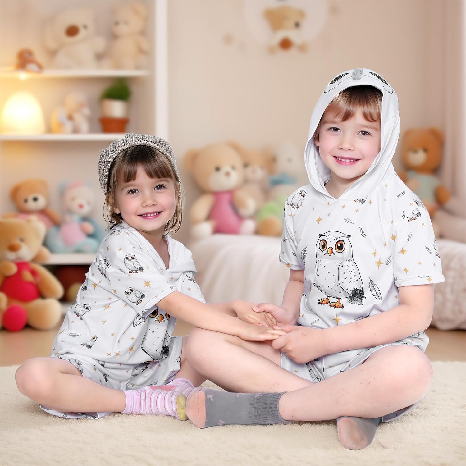 Snowy Owl Boy and Girl Short Sleeve Kids Clothes, Children's Summer Set, Cute Cartoon, Comfortable Fit