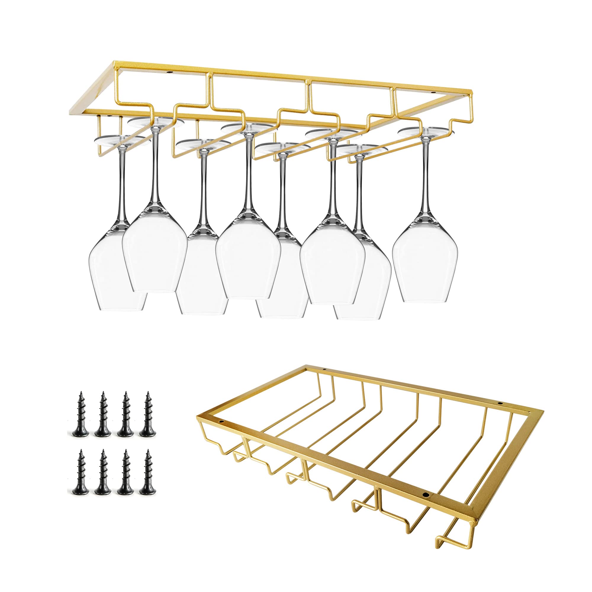 AZKEEGREY 2 Pack Hanging Wine Glass Rack Holder Under Shelf, Gold Wine Glass Holders Hanging Under Shelf, Adjustable Hanging Stemware Rack, Wine Glass Organizer for Bar Kitchen Cabinet (4 Rows)