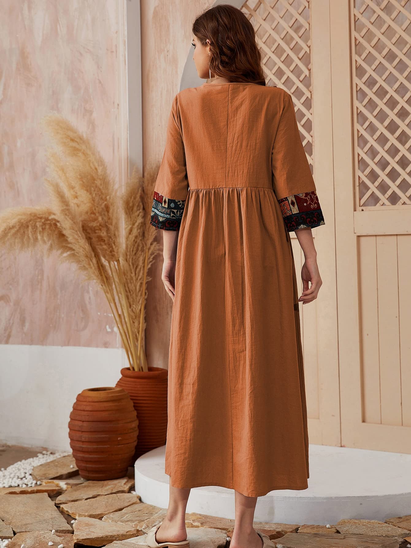 WOKEZ Contrast Geo Panel Smock Dress (Color : Ginger, Size : M