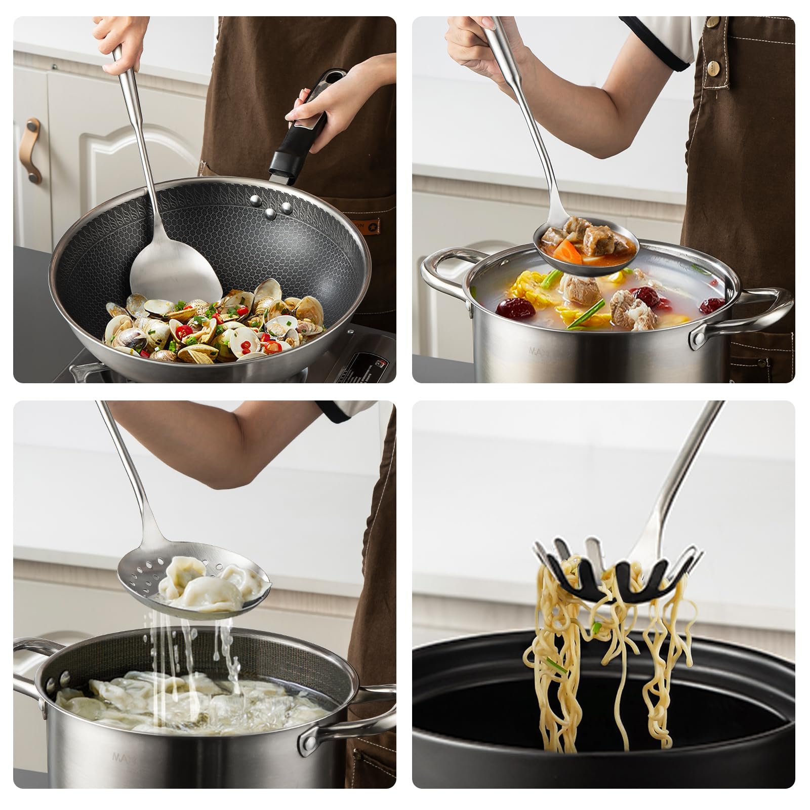 Edelstahl-Kochutensilien-Set, 18/8 Edelstahl, Küchenutensilien-Set, 7-teiliges Kochgeschirr-Set mit drehbarem Halter, hitzebeständiger Edelstahl-Kochlöffel (spülmaschinenfest)