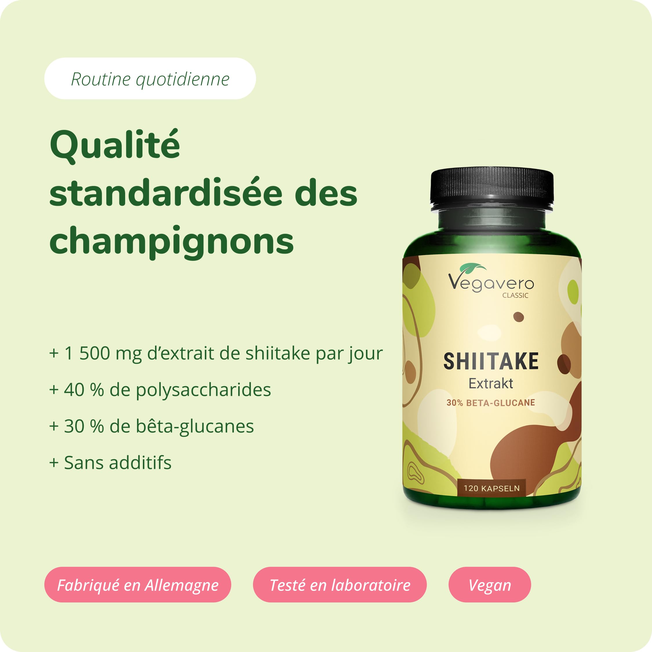 Shiitake Vegavero® | Dosage Élevé : 750 mg d’Extrait | Avec 40% Polysaccharides + 30% Bêta-Glucanes | Défenses Immunitaires + Anti-Stress | 120 Gélules | VEGAN