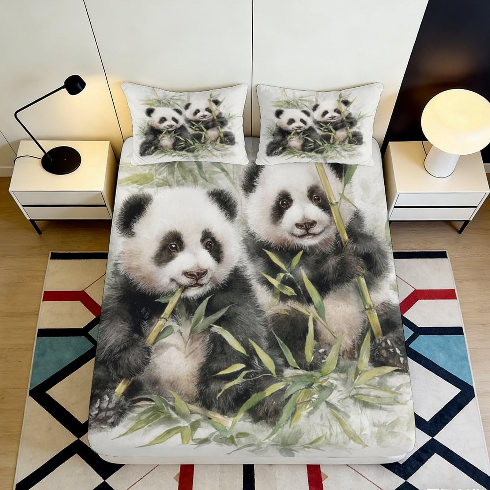 3D Printed Panda Bamboo Fitted Sheet Microfiber Soft Anti-Slip Bed Cover for Bedroom Guest Room Dormitory Decor 160x200x25cm