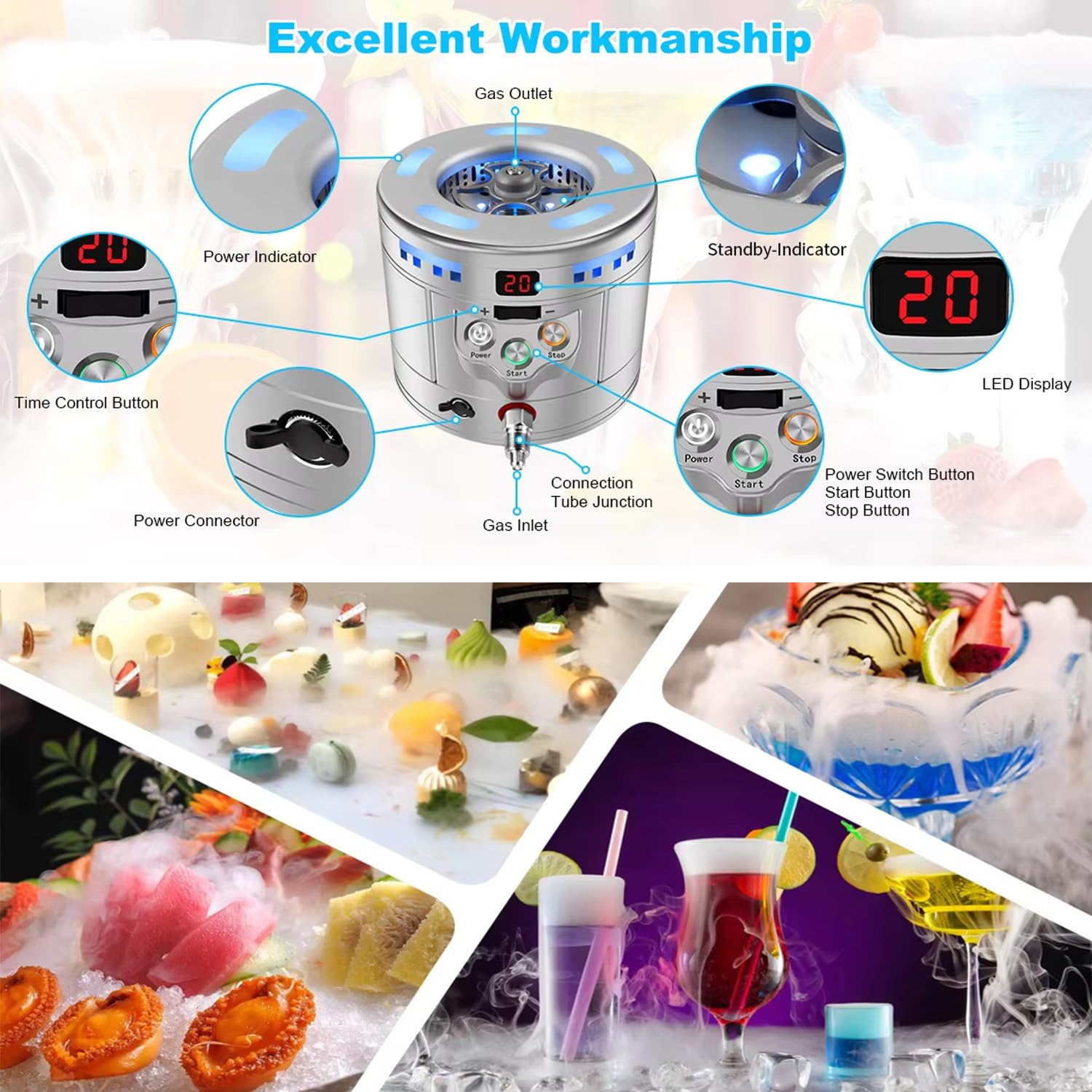 Máquina Profesional de Hielo seco y Enfriador instantáneo de Tazas, Pantalla LED e Interfaz de Rosca G5/8, Ciclo de producción de 15 Segundos, para hoteles y Clubes.