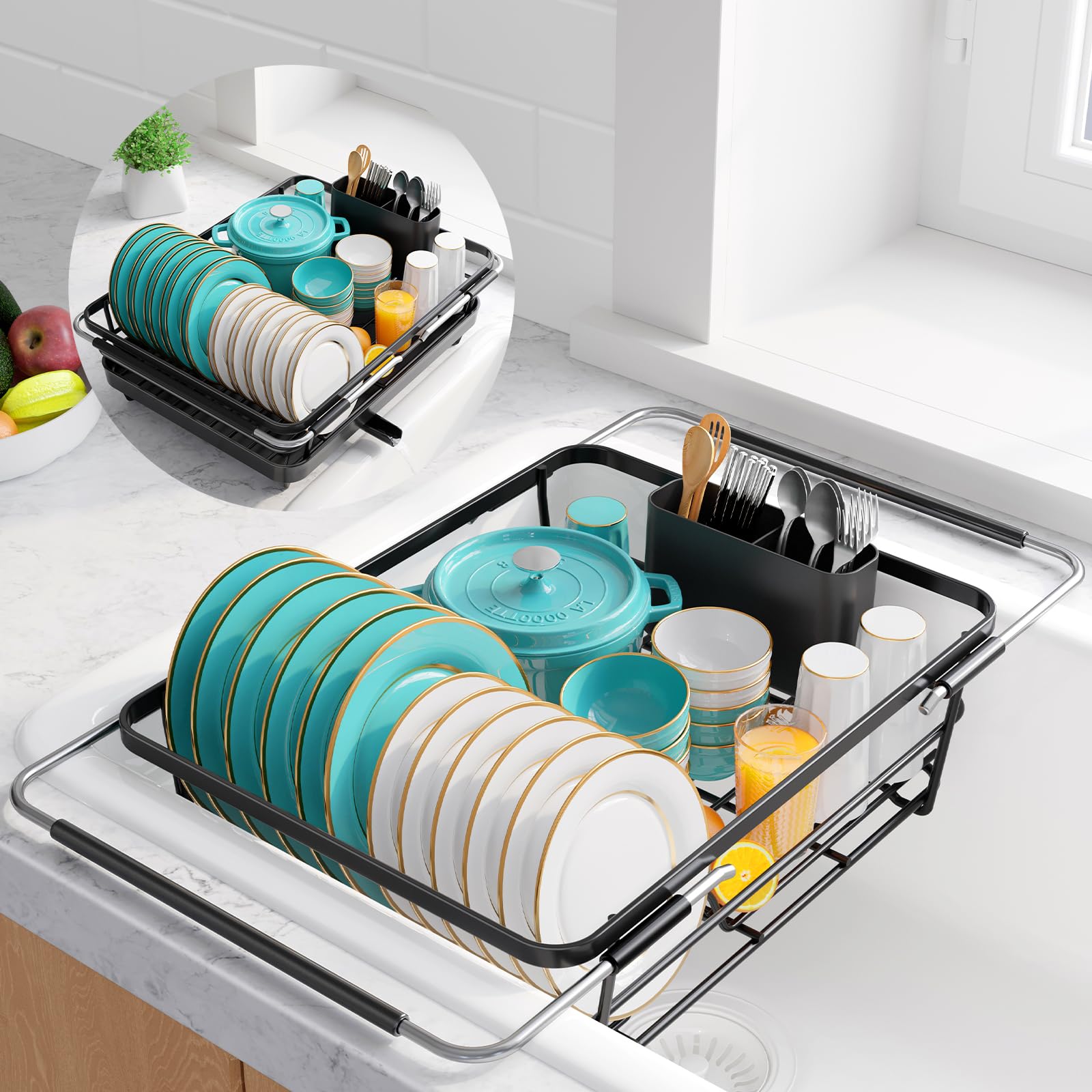 Sakugi Extendable Dish Drying Rack Over Sink with Dish Drainer