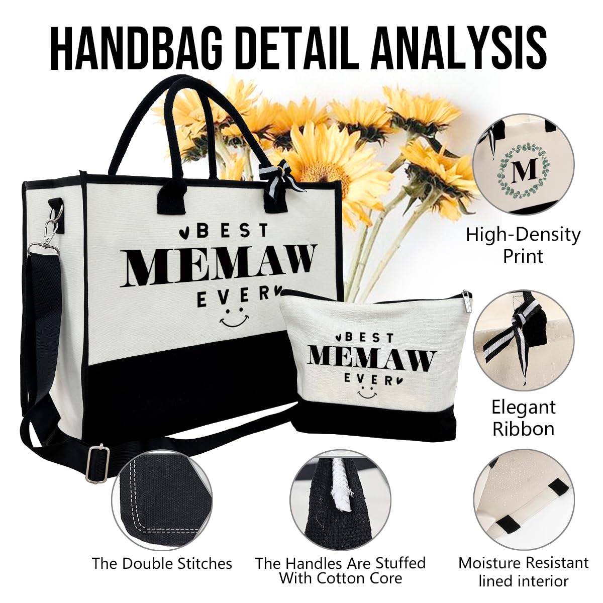 Beach & Outing Tote Bag for Memaw - Canvas with Inner Pocket & Make Up Bag - Mother's Day & Birthday Gift