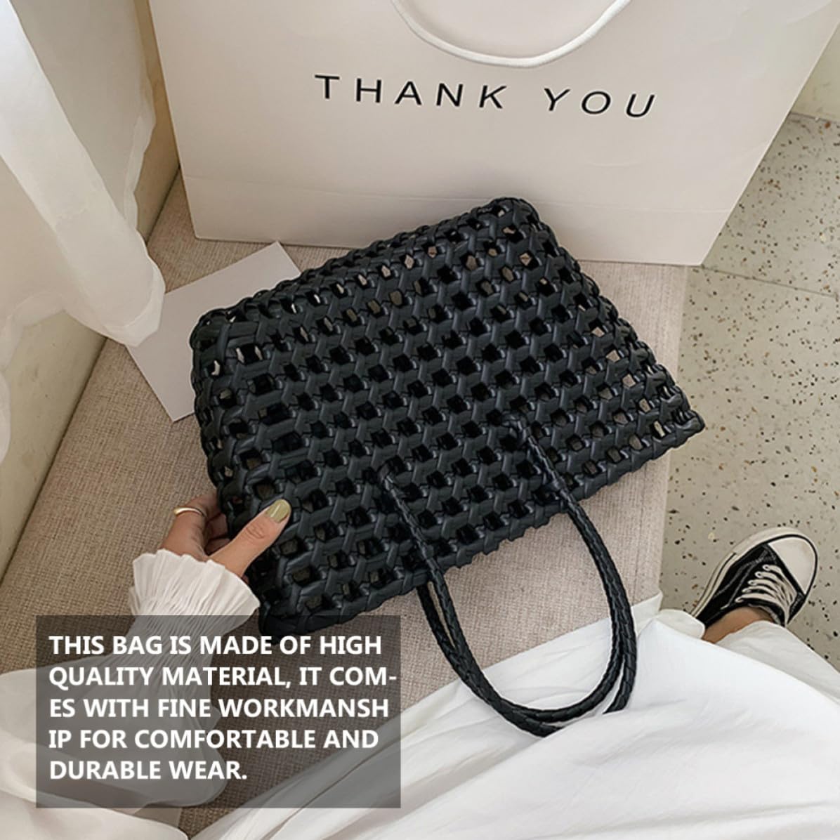 MAGICLULU Bolsa Tejida de Paja Negra para Mujer Diseño Hueco, Gran Capacidad y Cómoda para Ocio y Citas, Estilo Chic y Sencillo