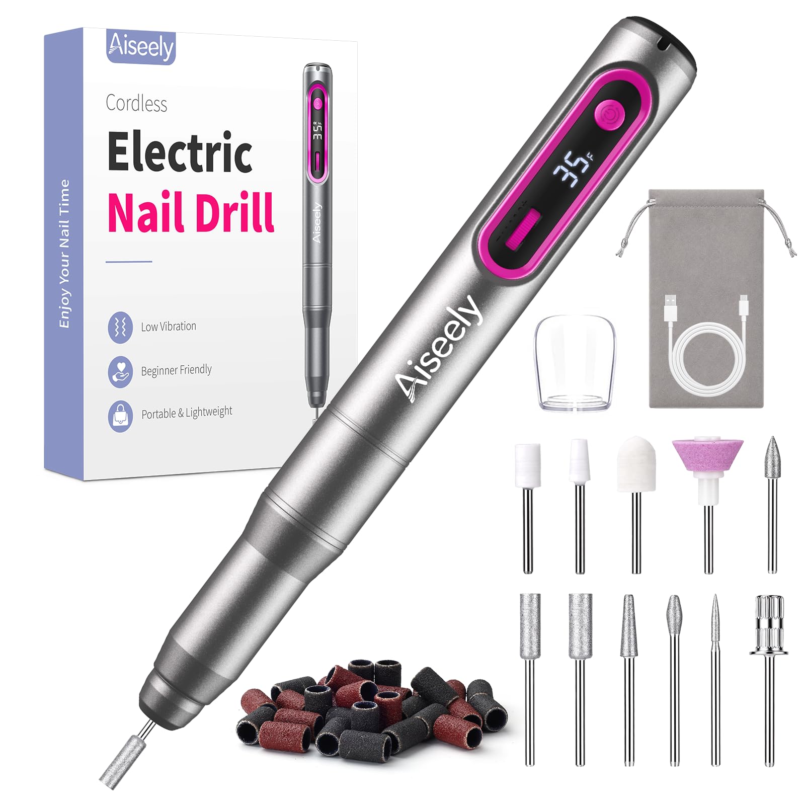 AISEELY Electric Nail Drill Cordless,Variable Speed 35000RPM & Dust Cover