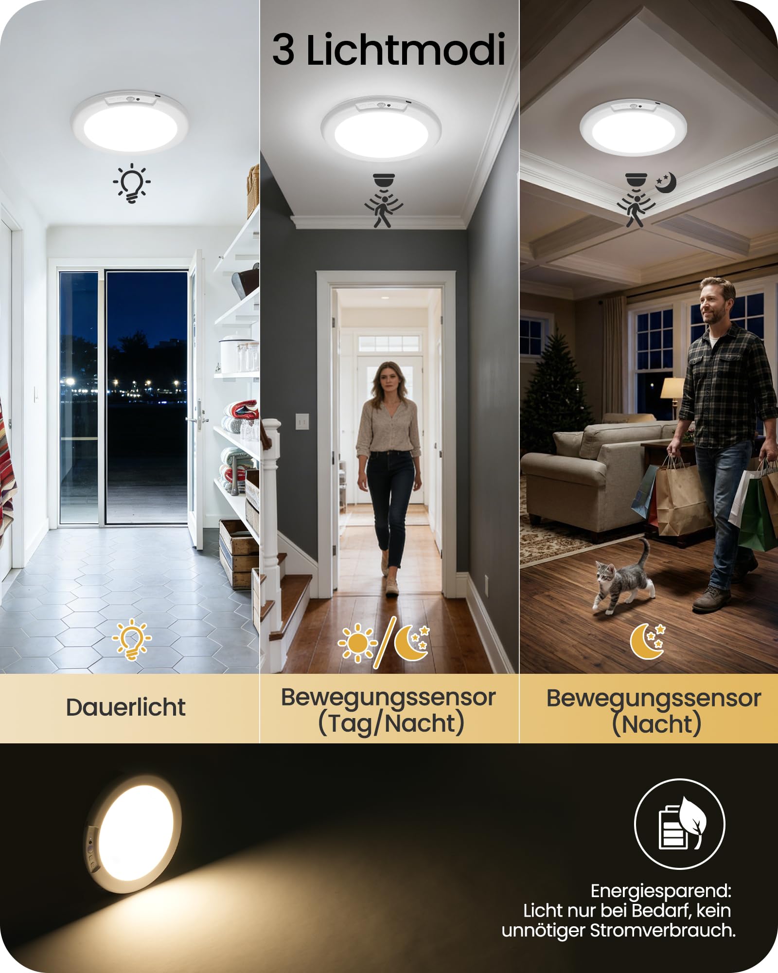 Aufladbare LED-Deckenleuchte mit Bewegungsmelder, 4er-Set | LED-geeignet; Augenschonend; nachttischlampe holz, nachttischlampe grün; Schlafzimmer, Wohnzimmer; Augenschonend