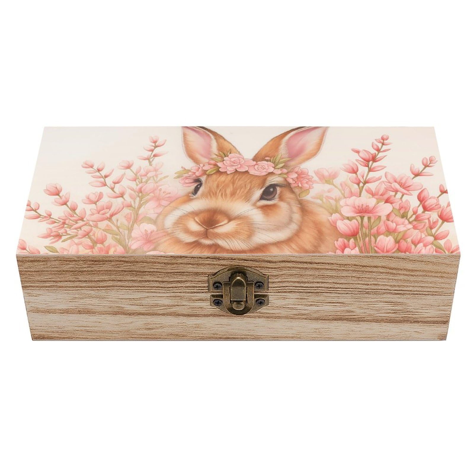 Oudrspo Adorable Rabbit in Blooming Floral Retro Wooden Storage Box Keepsake Jewelry Decorative Art Storages Box Gift Boxs
