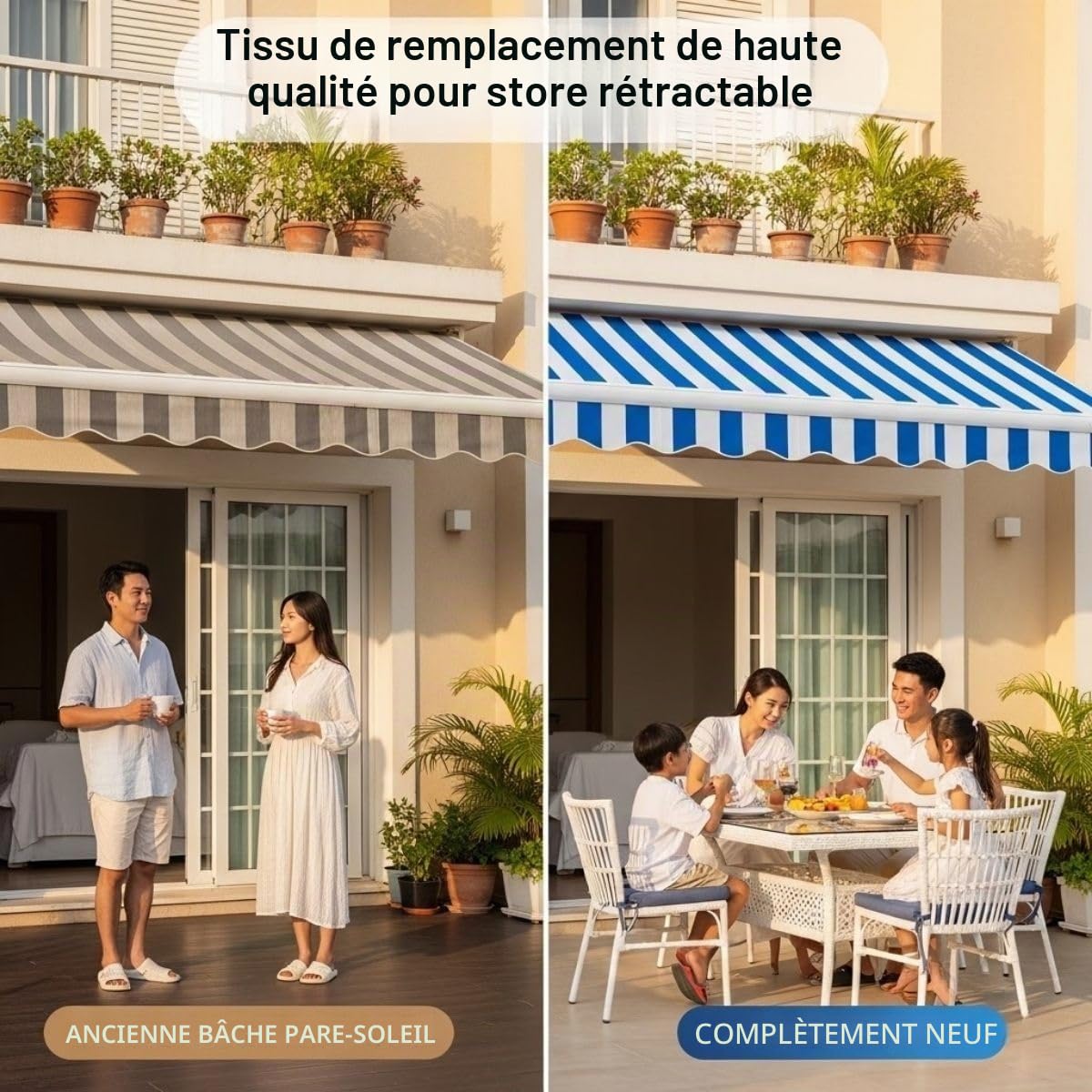 Générique Store Banne Manuel Rétractable sans Perçage pour Balcon Et Terrasse, Auvent Porte D’Entrée Extérieur avec Lambrequin pour Store, Toile De Remplacement en Polyester Imperméable Anti-UV