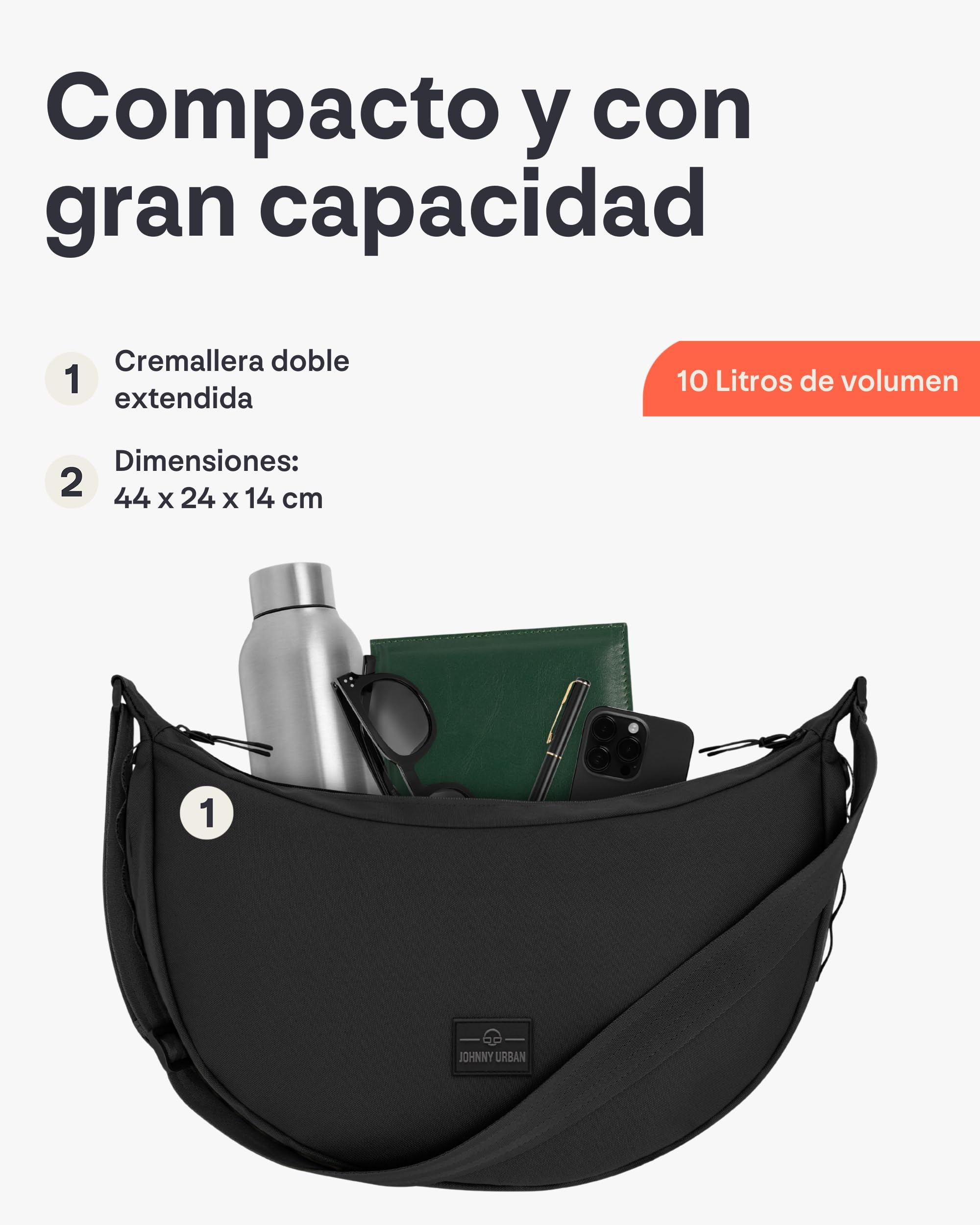 Johnny Urban Bolso Bandolera Mujer Hombres Negro - Ally Large - Half Moon Bag - Bolso Riñonera de Media Luna - Bolso Grande Redondo con Correa Ajustable - Repelente al Agua