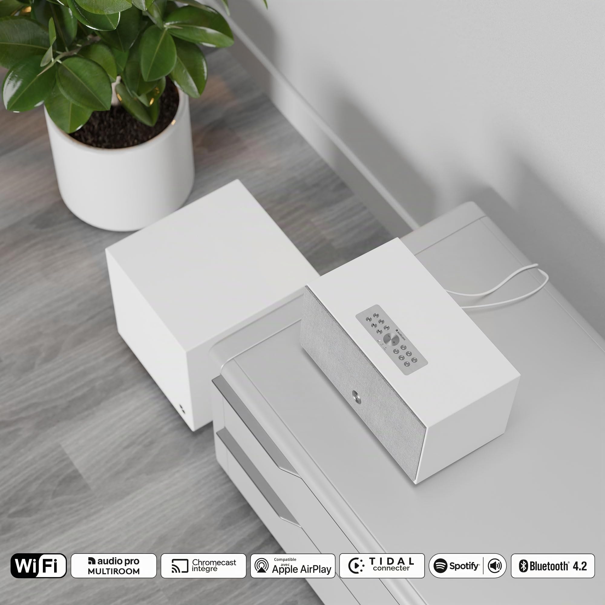 Audio Pro C10 MkII - Enceinte Portable Multiroom avec Bluetooth - Smart Speaker sans Fil avec Contrôle par Application & Spotify, AirPlay & Chromecast - Blanc